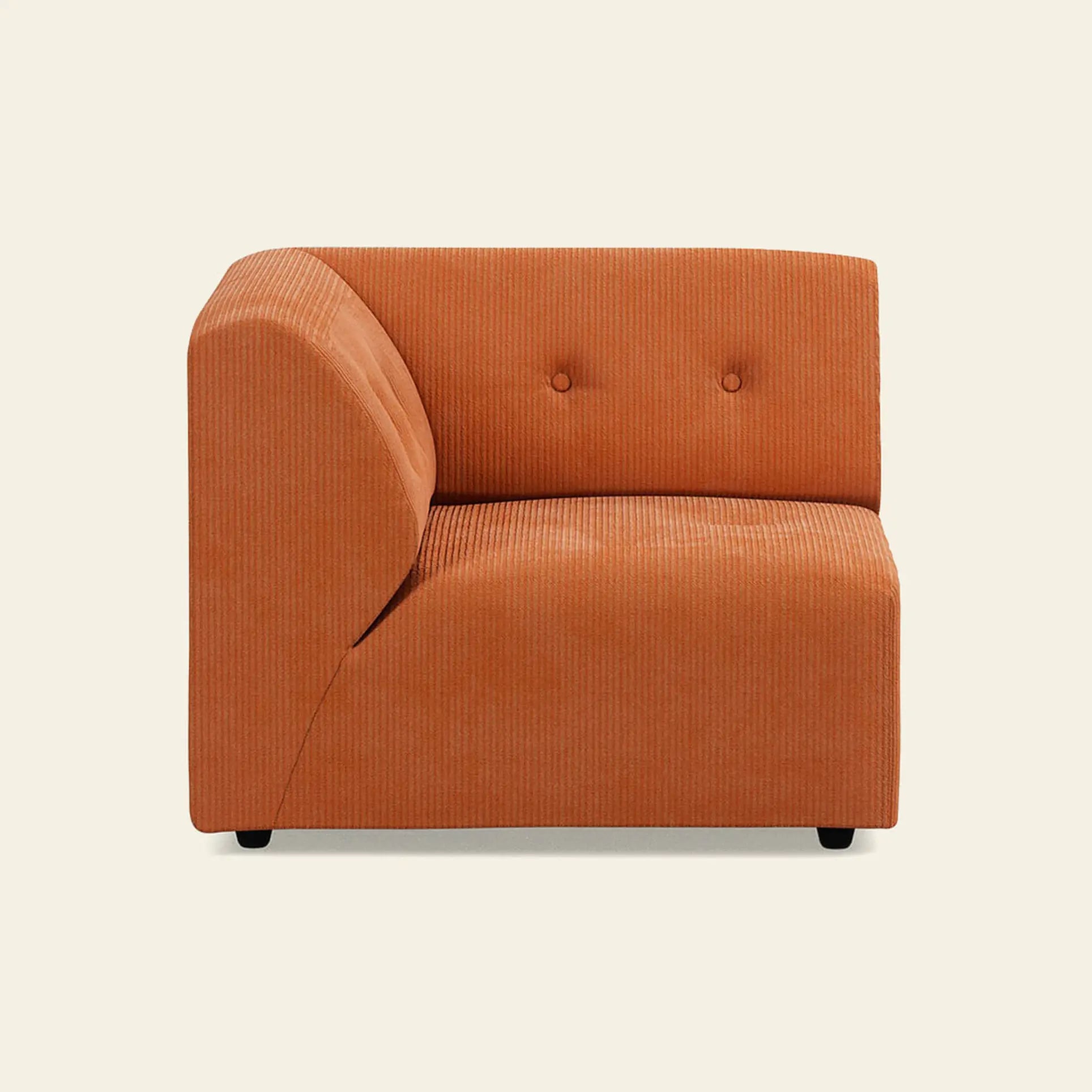 The HKliving Vint Couch, Left, by HKliving is a modern orange corner chair with rounded edges and three button-tufted details, displayed on a beige background—ideal for building a customizable living space with adaptable components.