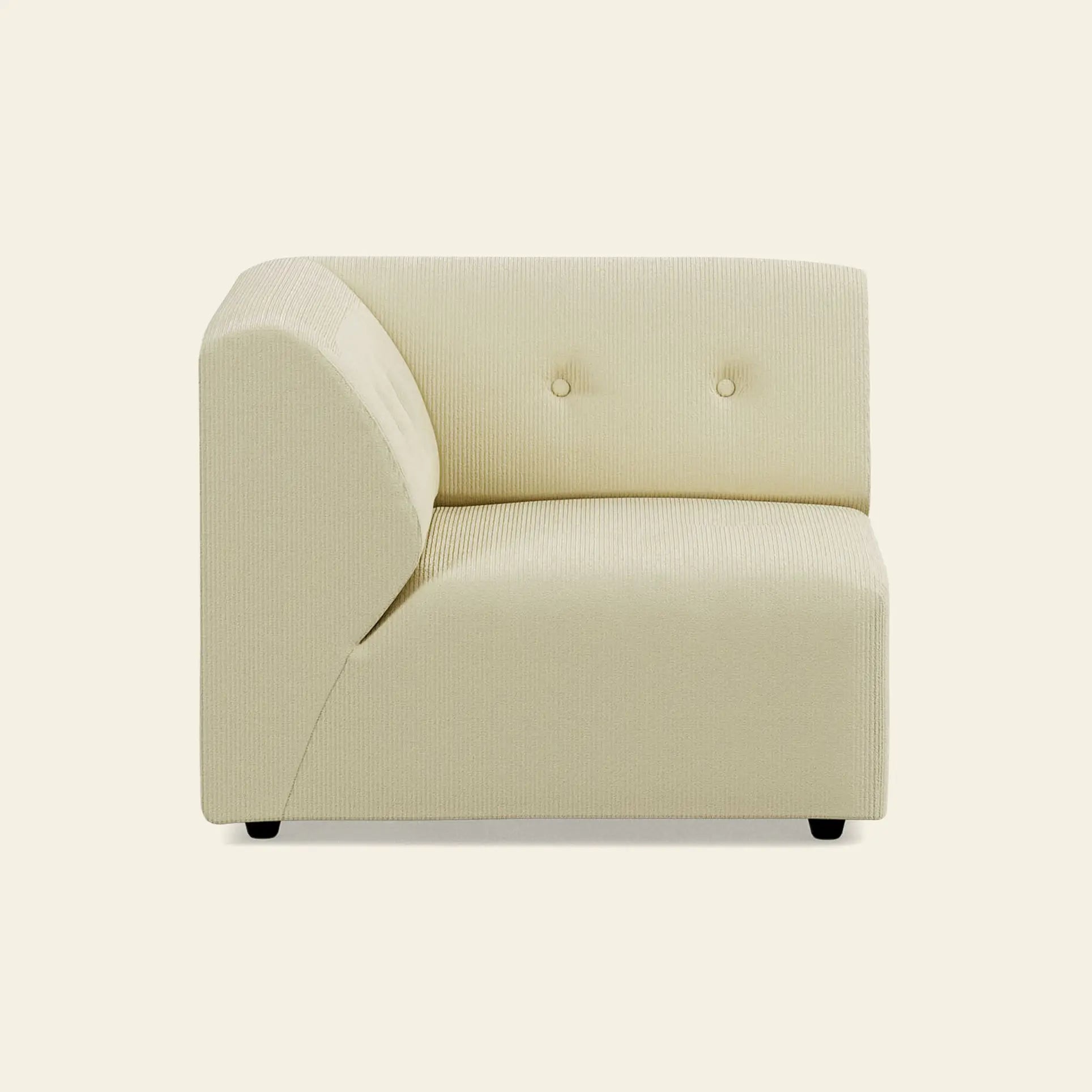 The HKliving Vint Couch, Left—by HKliving—is a modern cream upholstered corner chair with a curved backrest and two button accents, perfect for customizable living spaces, shown here on a plain light background.