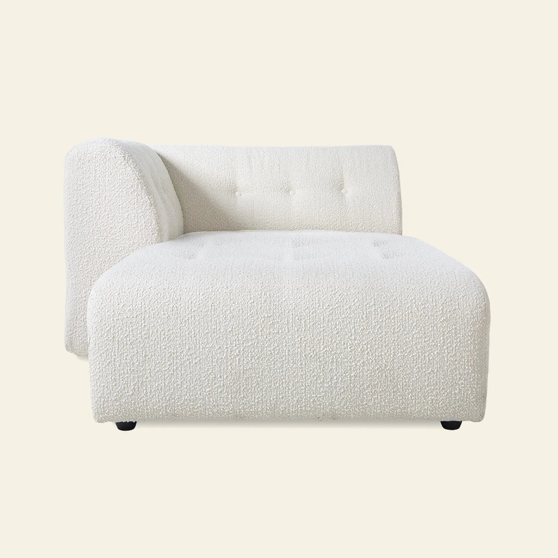 Front view of the HKliving Vint Couch, Left Divan—an armless, modern white chaise in textured boucle with tufted seat and backrest—ideal for customizing your space or pairing with other HKliving Vint components.
