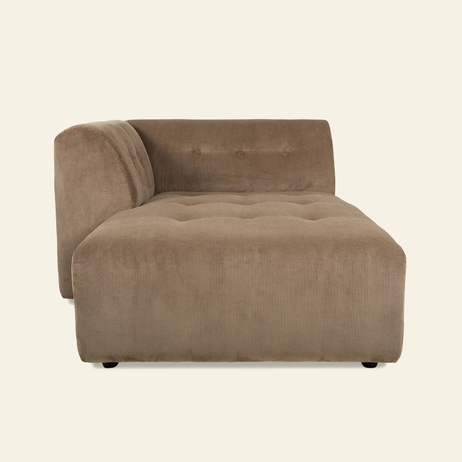 Front view of the HKliving Vint Couch, Left Divan by HKliving—modern and low-profile in light brown corduroy, with a wide seat and single tufted backrest—ideal for creating a flexible, customizable living space.