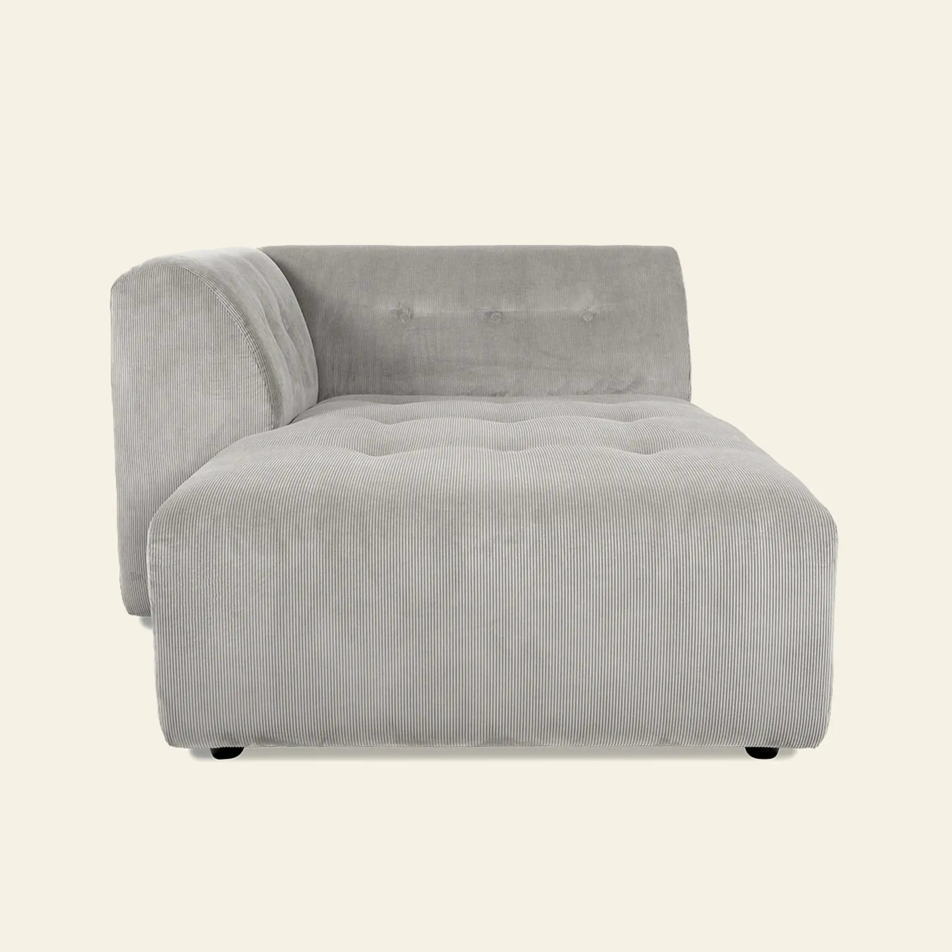 The HKliving Vint Couch, Left Divan features light gray corduroy upholstery with a tufted seat and back, offering customizable comfort as part of the HKliving Vint collection, shown here against a simple beige background.