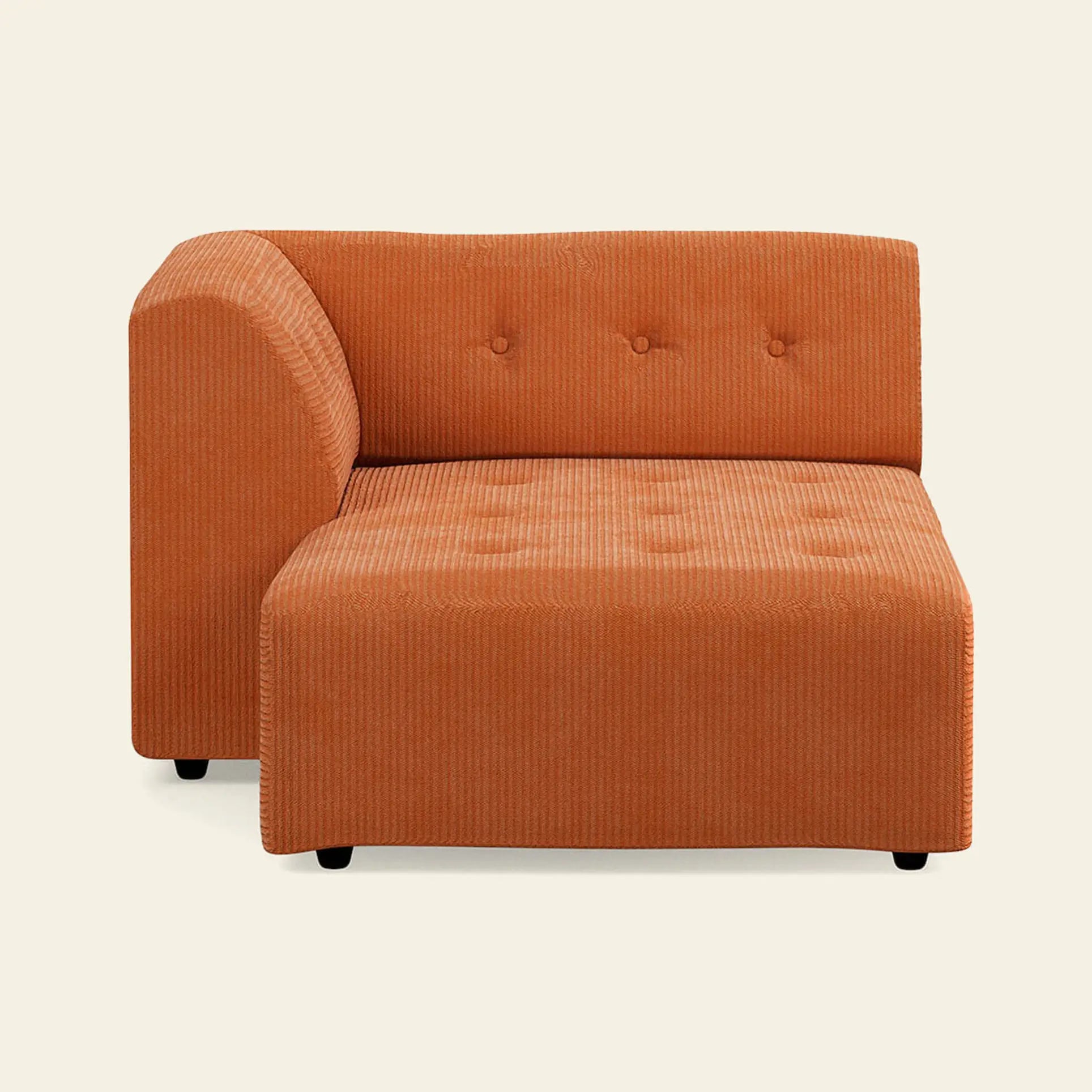 The HKliving Vint Couch, Left Divan, features orange corduroy upholstery, adaptable modules, three button-tufted backrest accents, and a right-side armless design—perfect for a customizable living space against a plain light background.