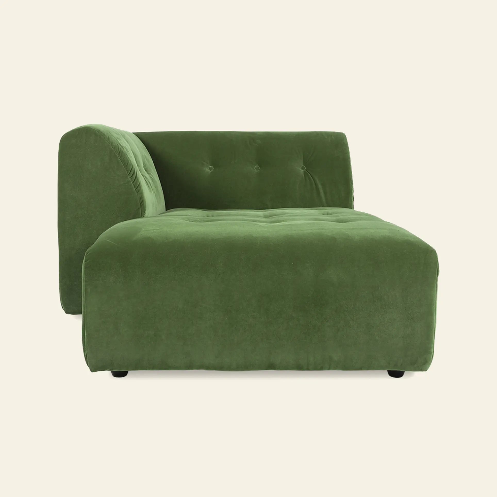 The HKliving Vint Couch, Left Divan is a modern armless green velvet sectional with tufted seat and backrest, shown from the front on a beige background—ideal for creating a customizable living space.
