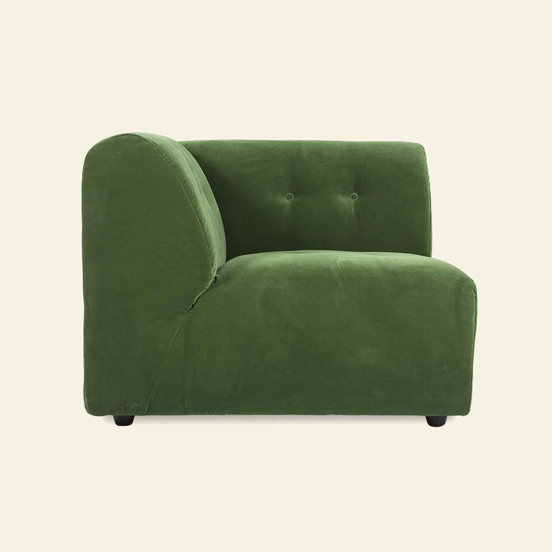 The HKliving Vint Couch, Left by HKliving features a modern green velvet design with a tufted backrest, low rounded sides, and armless minimalist style—perfect for customizable living spaces—displayed against an off-white background.