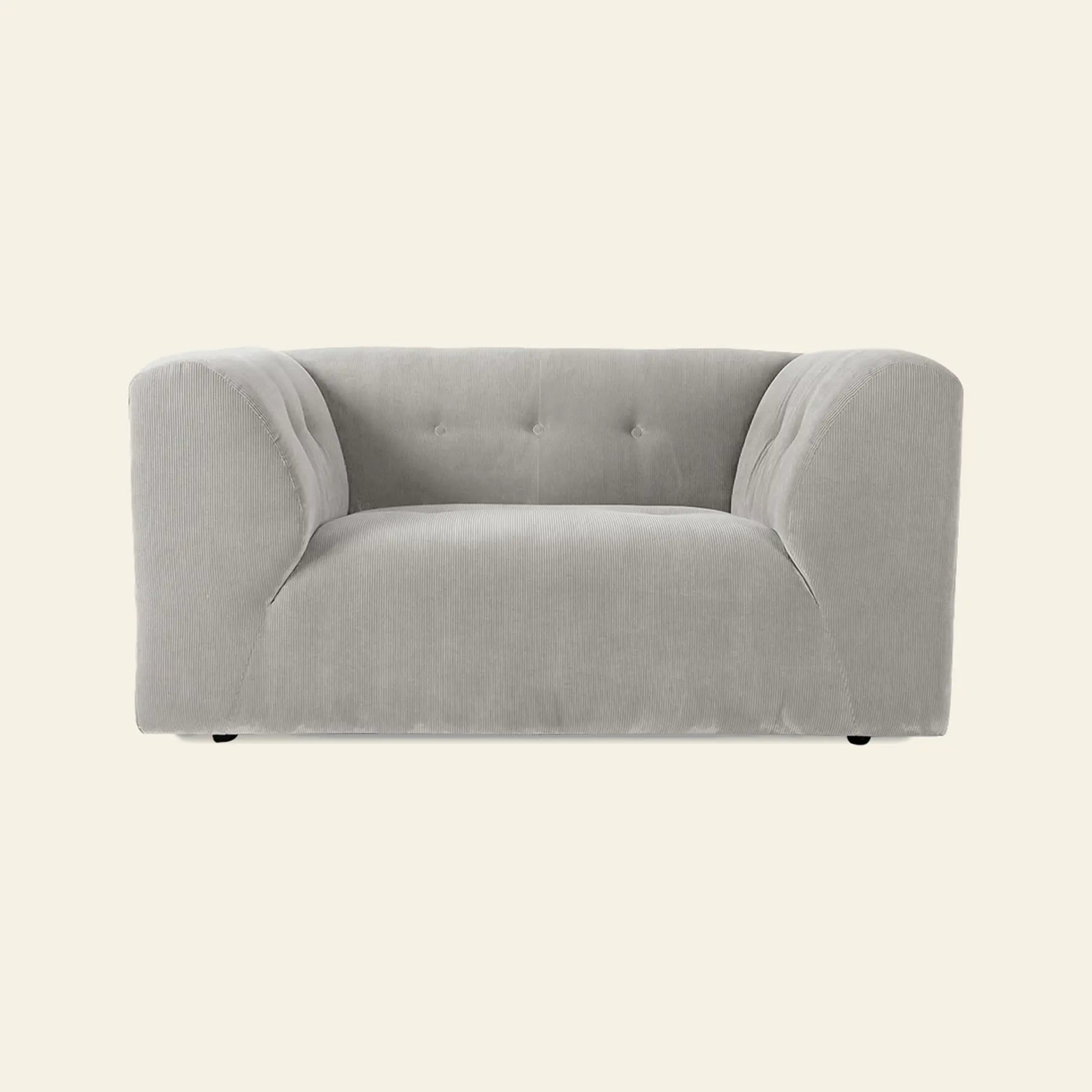 The HKliving Vint Couch Loveseat by HKliving features a plush, modern light gray design with rounded arms and a tufted backrest, offering customizable components for your living space, shown against an off-white background.