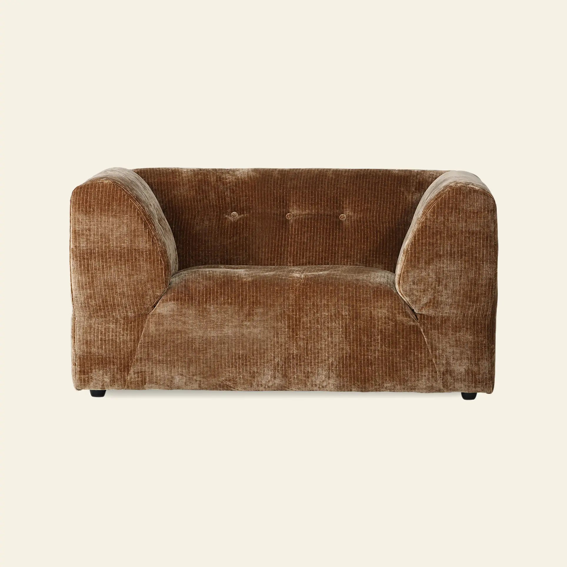 The HKliving Vint Couch Loveseat features plush brown corduroy, wide arms, and button-tufted back—perfect for a customizable living space. Its soft texture and adaptable design offer comfort and versatility against any light backdrop.