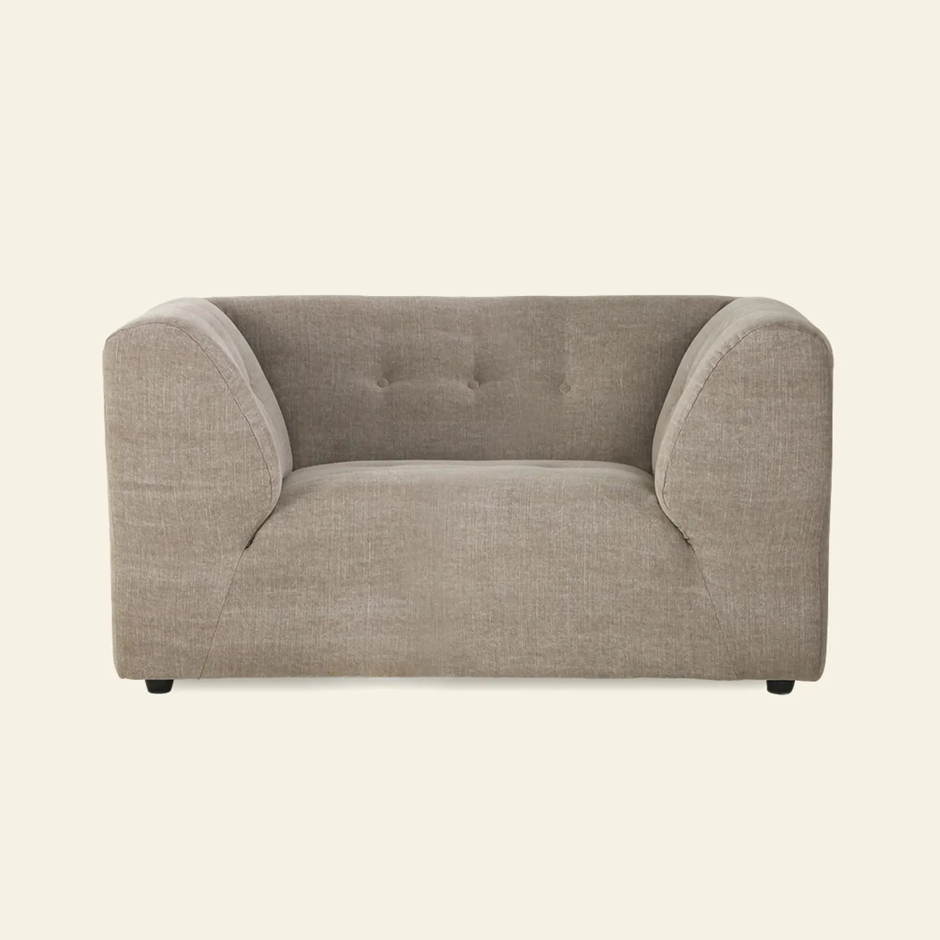 The HKliving Vint Couch Loveseat in light gray features wide, rounded armrests and a low backrest, ideal for customizing your living space. Shown here by HKliving against an off-white background.