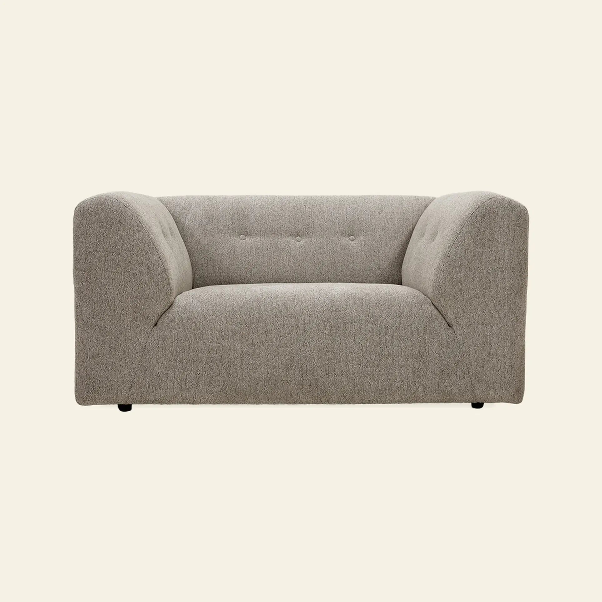 The HKliving Vint Couch Loveseat by HKliving features a modern, light gray design with curved armrests, low tufted backrest, and minimalist style—ideal for customizing your living space—shown against an off-white background.