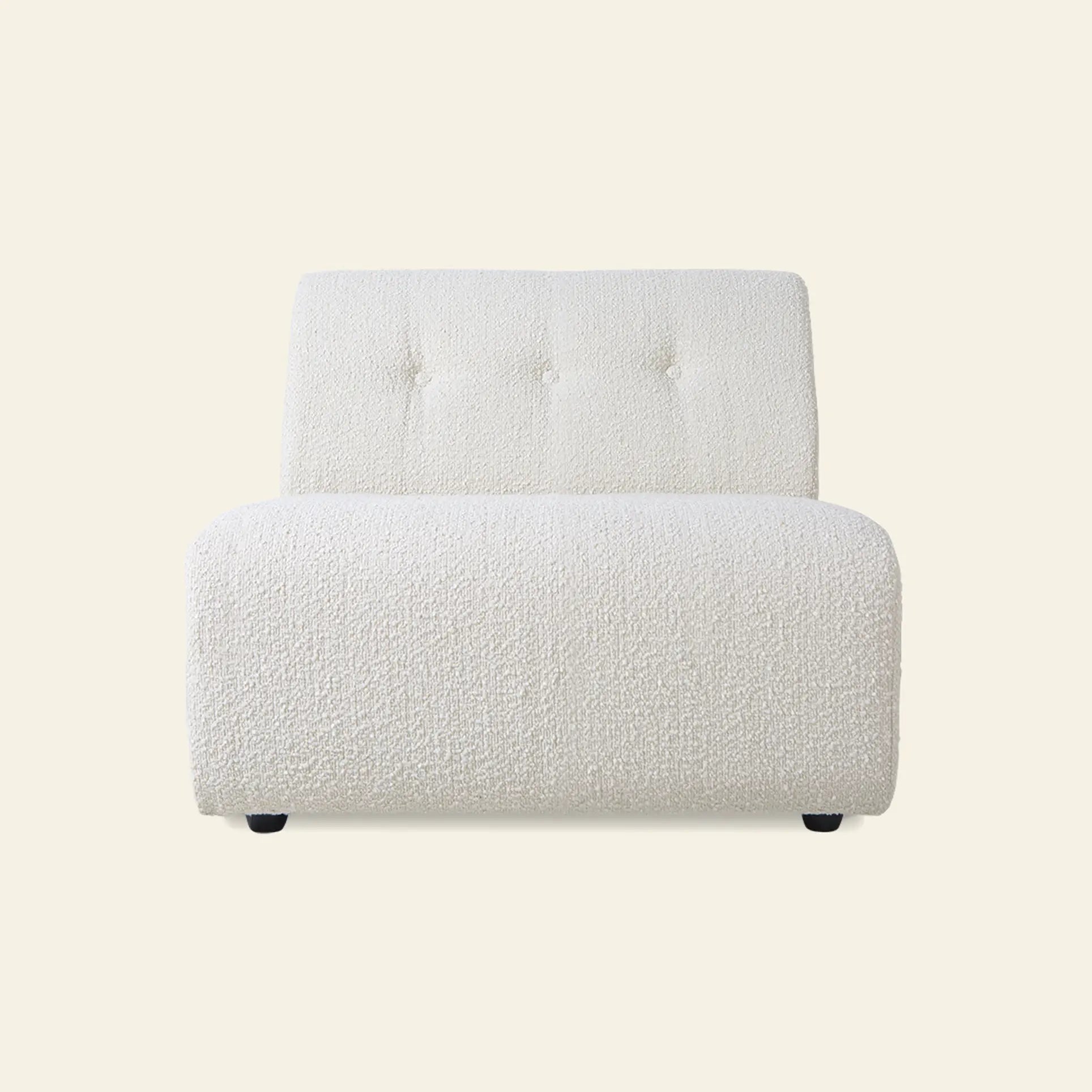 The HKliving Vint Couch, Middle by HKliving is a modern armless accent chair with white textured upholstery and a tufted backrest, displayed against a plain light beige background.