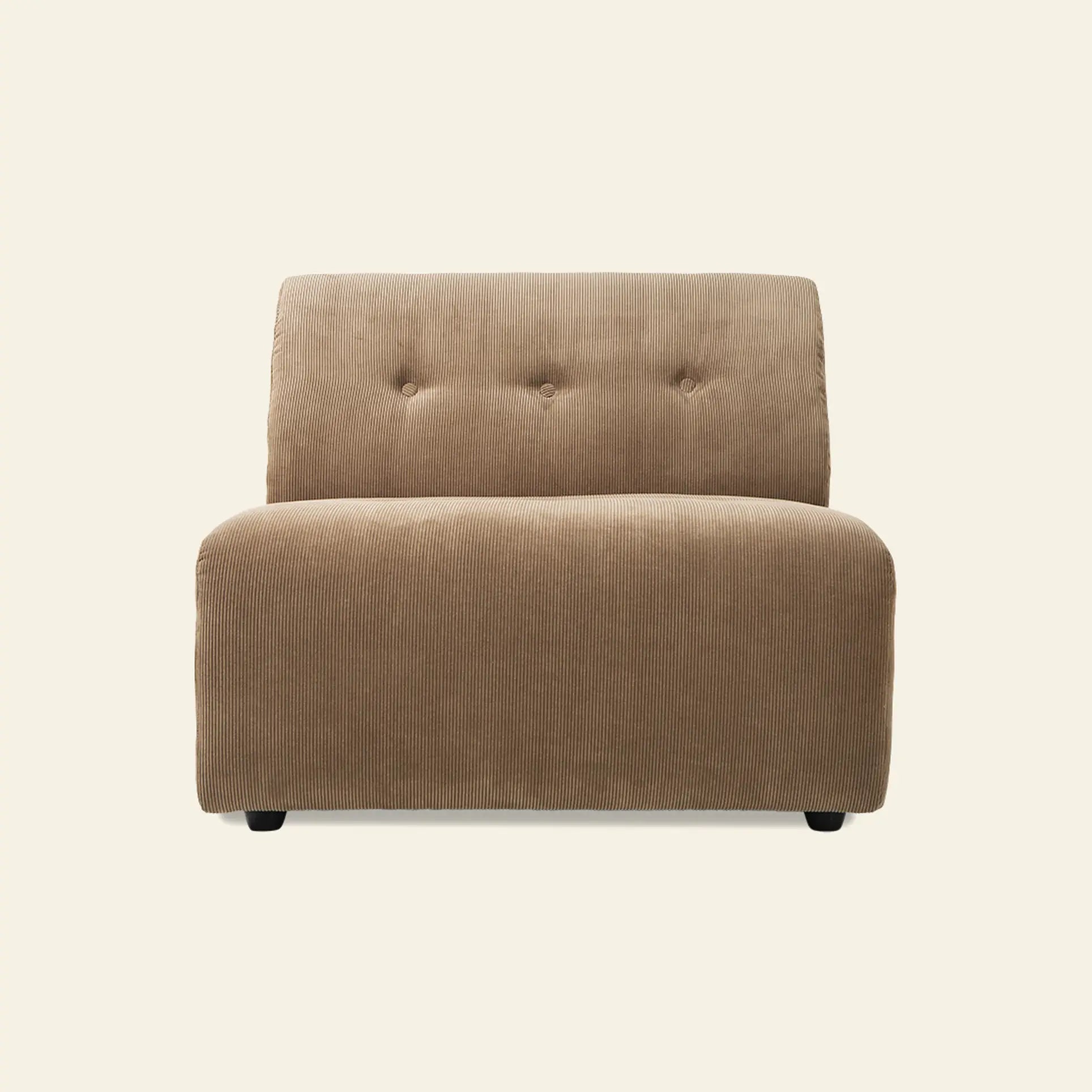 The HKliving Vint Couch, Middle by HKliving is a plush, armless accent chair with light brown corduroy fabric and a button-tufted backrest, shown on an off-white background—ideal for customizable seating in modern spaces.