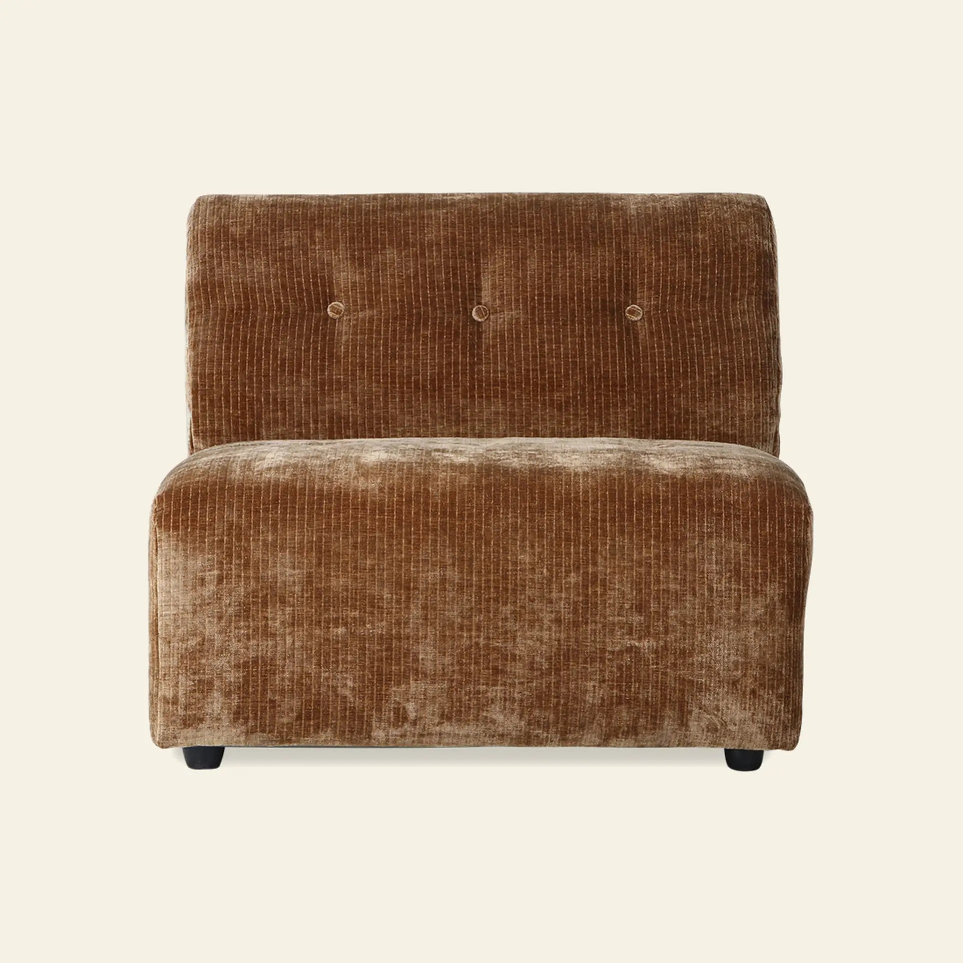 Brown velvet armless accent chair with vertical ribbed texture, three tufted buttons, and black legs—an elegant piece that pairs perfectly with the HKliving Vint Couch, Middle by HKliving for customizable seating in your living space.