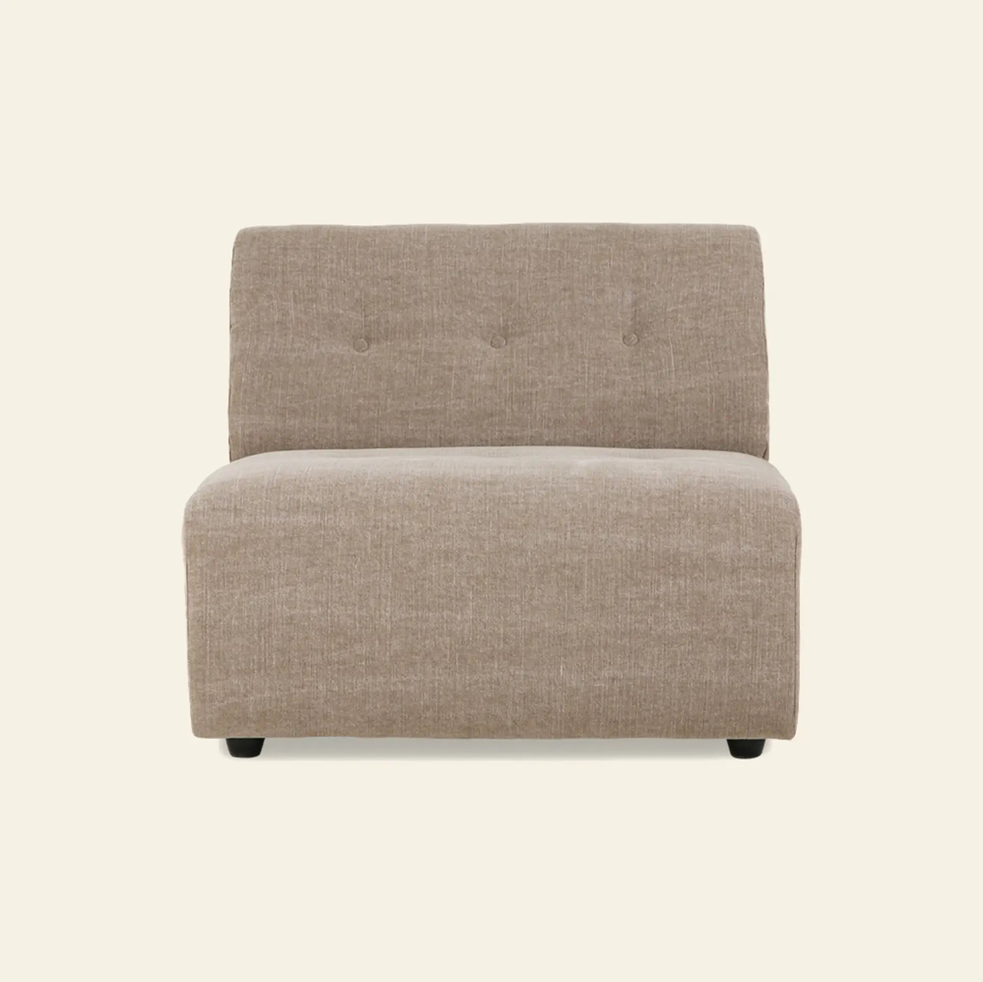 The HKliving Vint Couch, Middle by HKliving features light brown upholstery, a cushioned seat, and a slightly reclined tufted backrest—an armless, modern design that fits seamlessly as an adaptable seating component in any space.