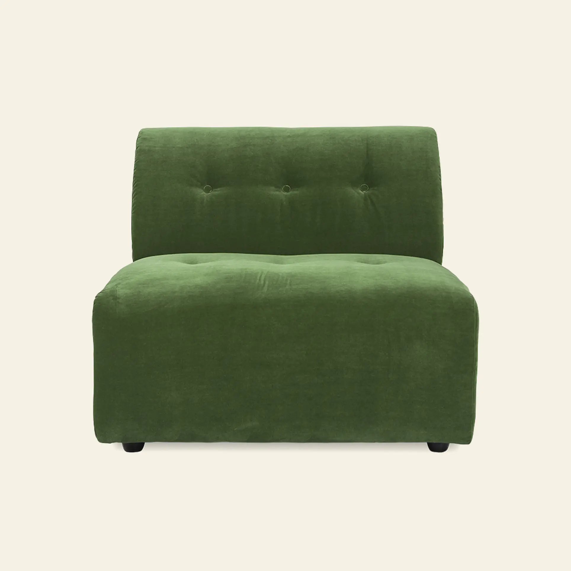 The HKliving Vint Couch, Middle is a modern armless lounge chair with green velvet upholstery, tufted back and seat, and customizable seating, shown against a plain light background.