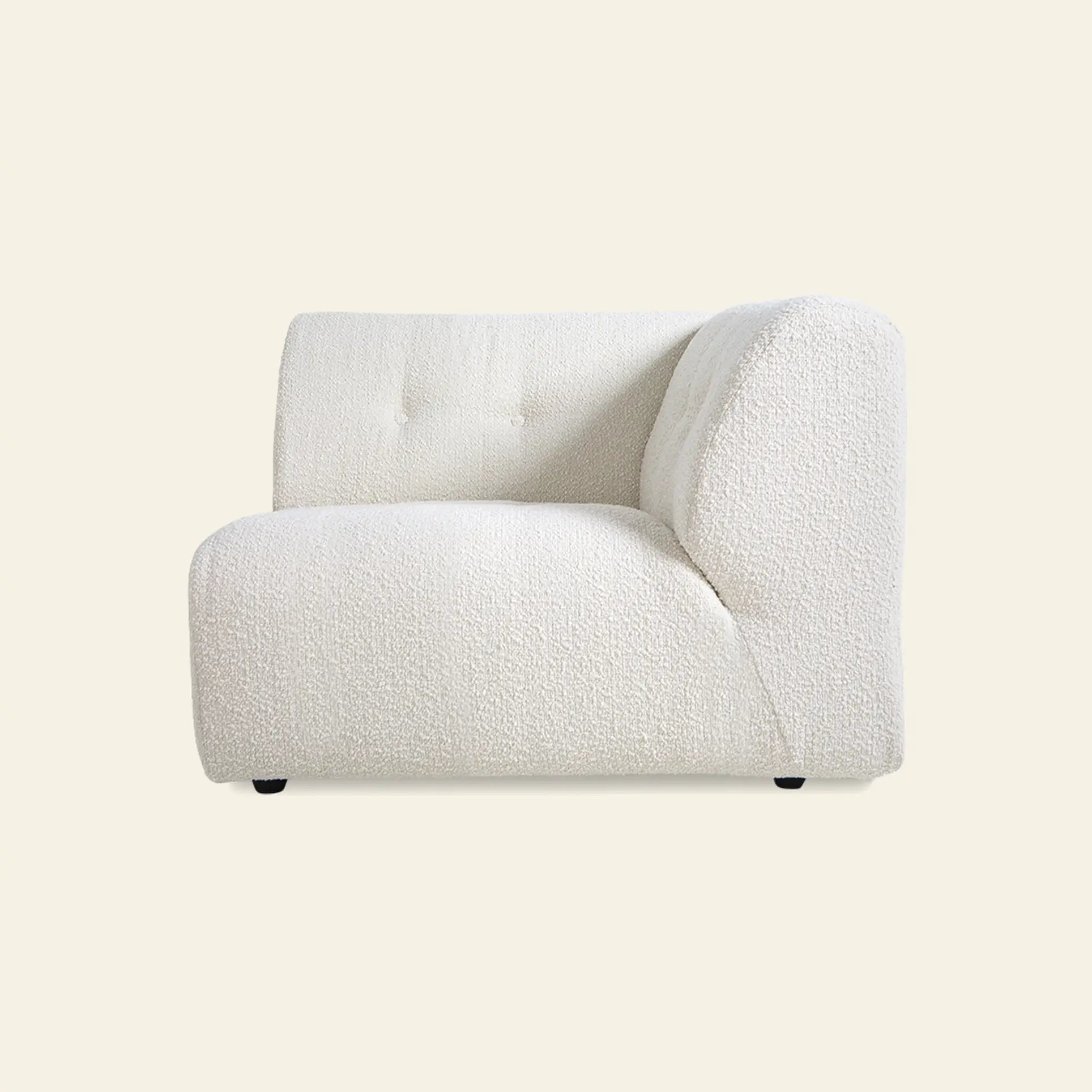 The HKliving Vint Couch, Right by HKliving features modern, armless design with textured white upholstery and a low curved backrest—ideal for a customizable living space against a plain light background.