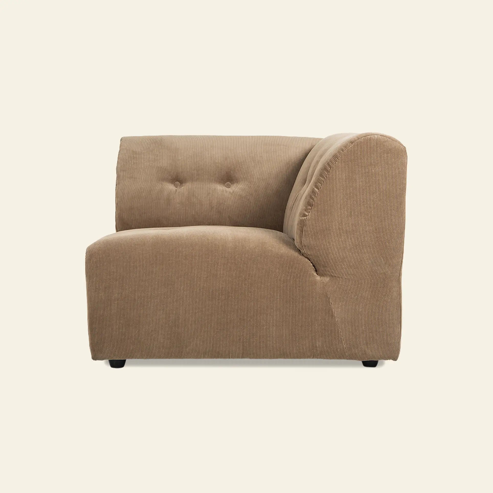 The HKliving Vint Couch, Right by HKliving is a modern, armless beige corduroy sofa corner piece with a tufted backrest and soft rounded edges, ideal for customizable living spaces and shown against an off-white background.