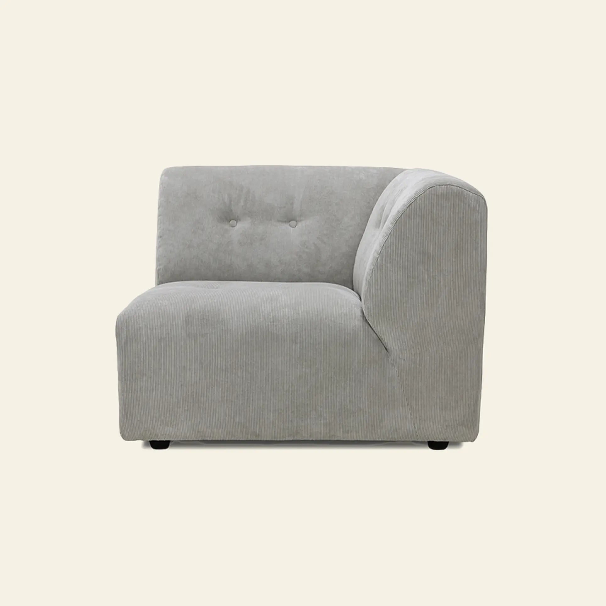 The HKliving Vint Couch, Right is a modern, light gray armless sofa chair with a button-tufted backrest and slightly curved right arm, perfect for customizing your living space. Shown against an off-white background.