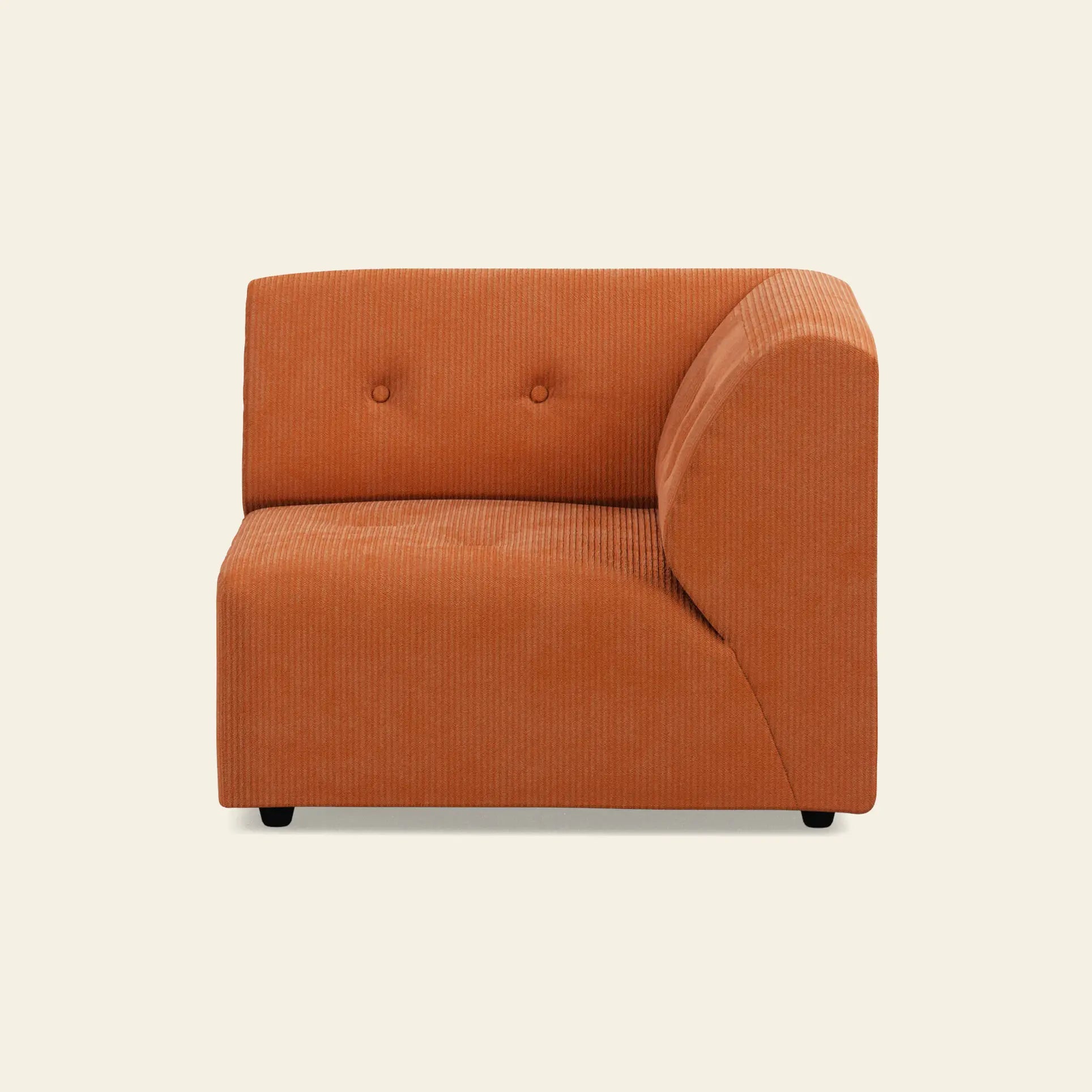 The HKliving Vint Couch, Right, by HKliving is an orange corduroy sofa section with a single low right armrest and two button-tufts on the backrest, ideal for customizable living spaces, shown against a plain light background.