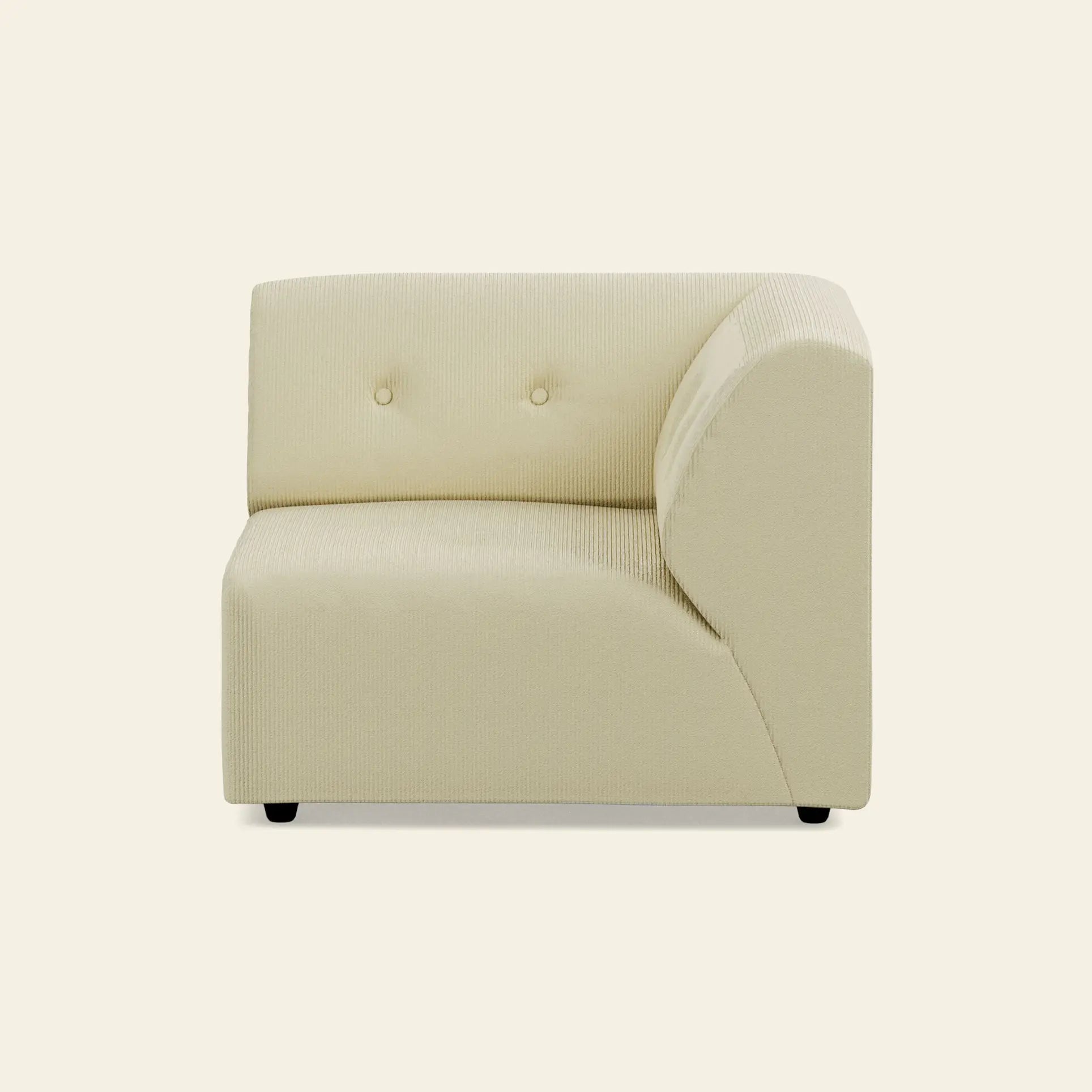 The HKliving Vint Couch, Right by HKliving features a modern, cream-hued armless design with two button accents, adding elegance and versatility to customizable living spaces against a plain beige backdrop.