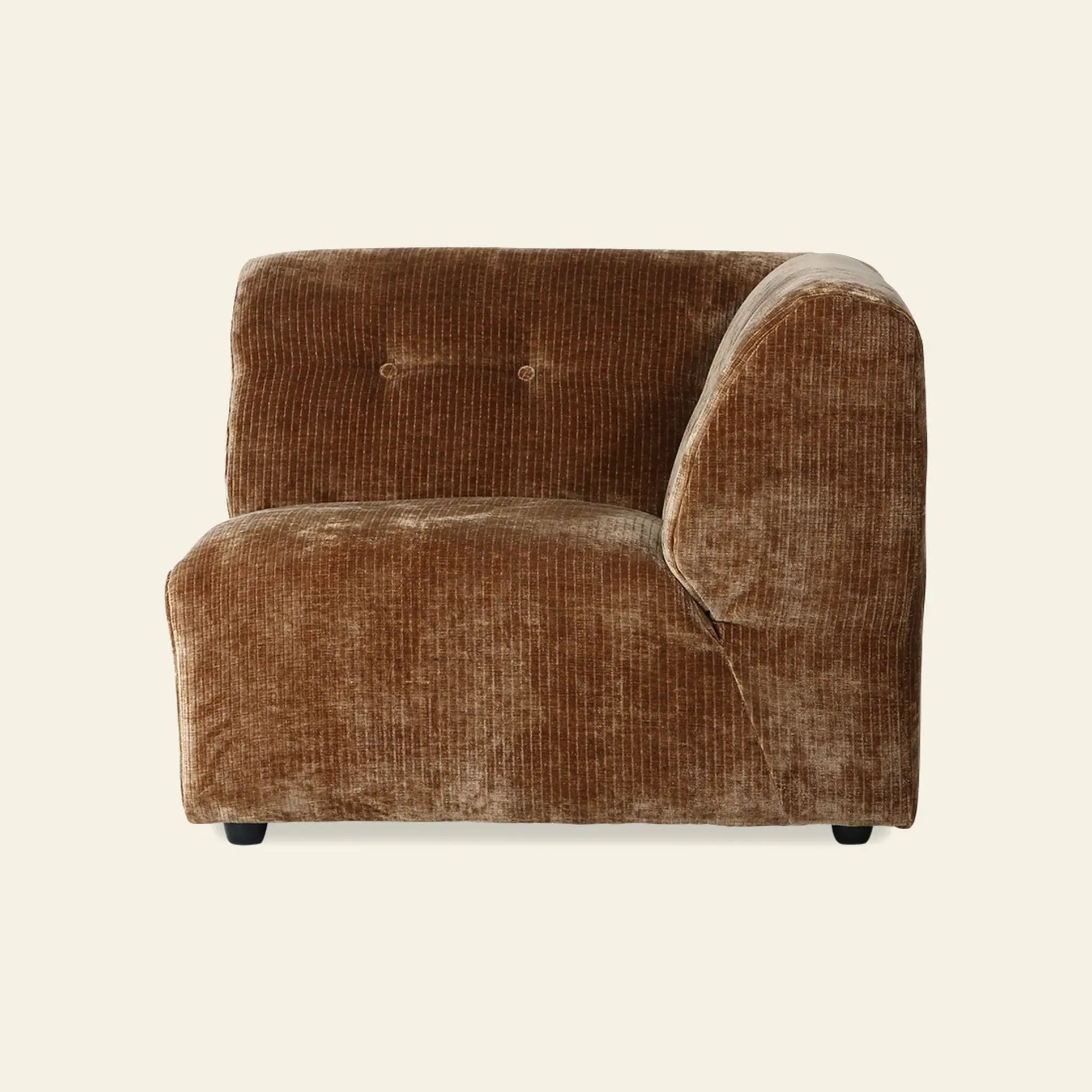 The HKliving Vint Couch, Right by HKliving features brown corduroy upholstery, a low back, tufted buttons, and rounded edges—ideal for modular living spaces. Shown set against a plain off-white background.