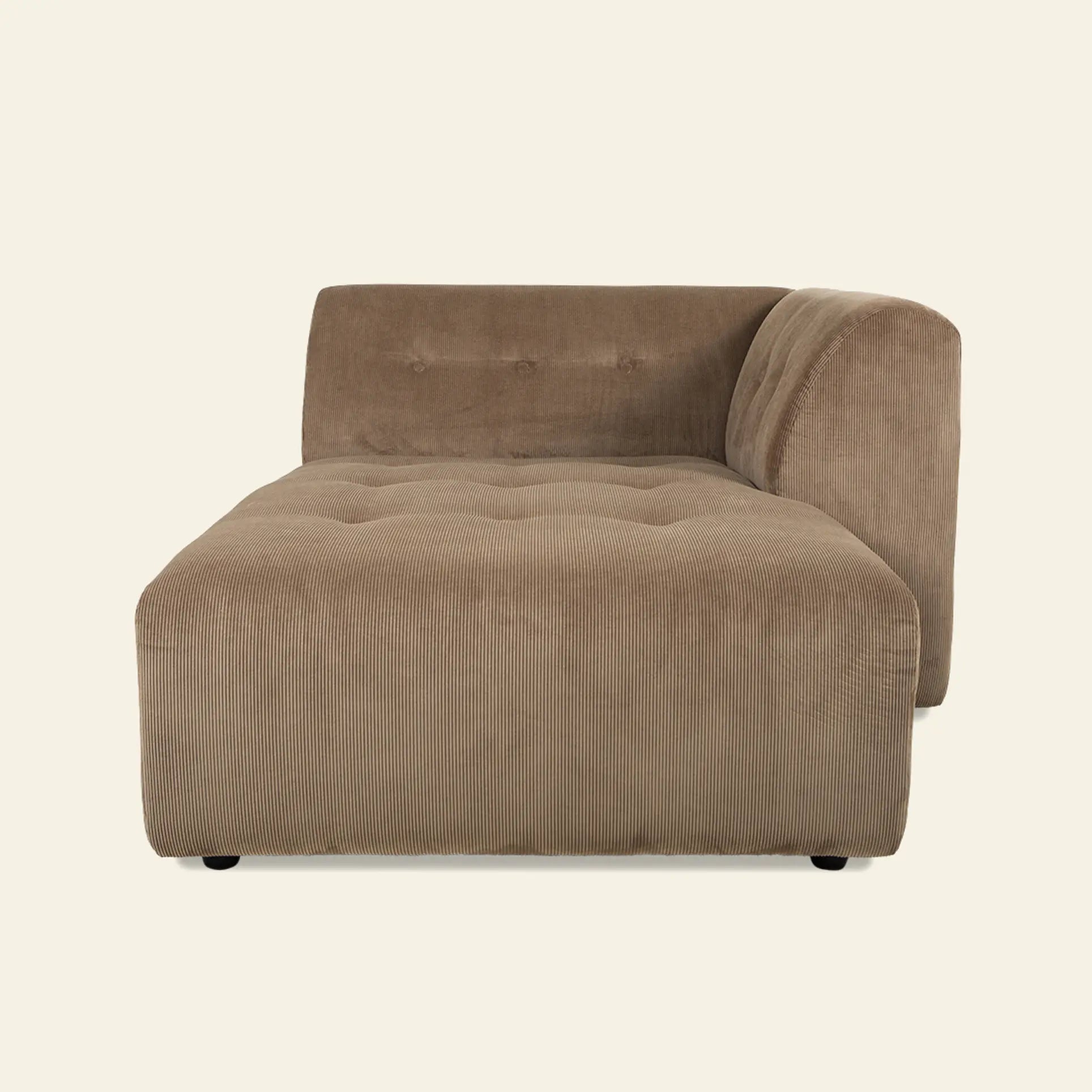 Front view of the HKliving Vint Couch, Right Divan—an armless modern sofa chaise in light brown corduroy with tufted details by HKliving—shown against a plain light background, perfect for customizing your living space.