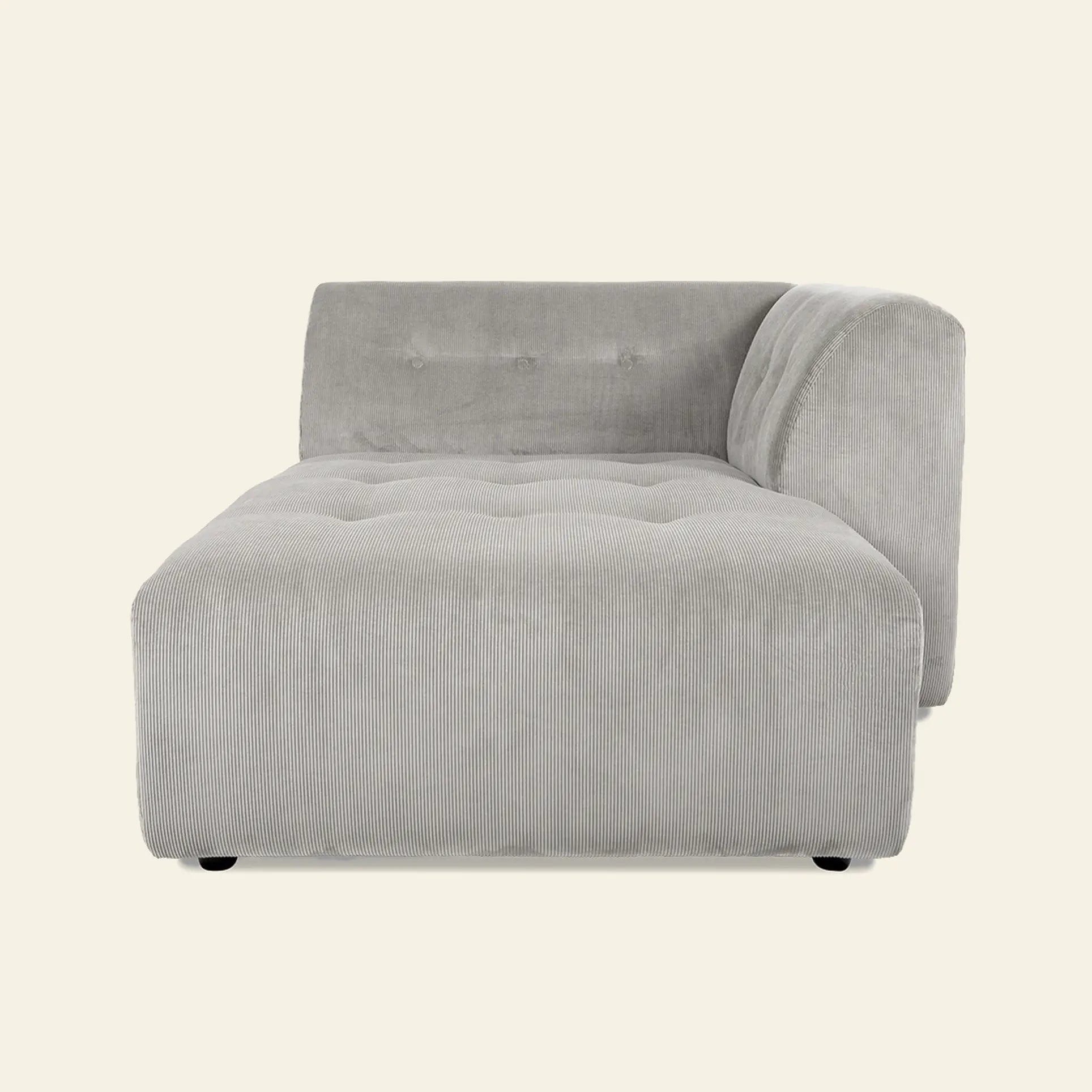 The HKliving Vint Couch, Right Divan—a modern light gray corduroy chaise lounge with tufted detailing and a right-side armrest—offers customizable comfort for your living space, shown here against a plain off-white background.
