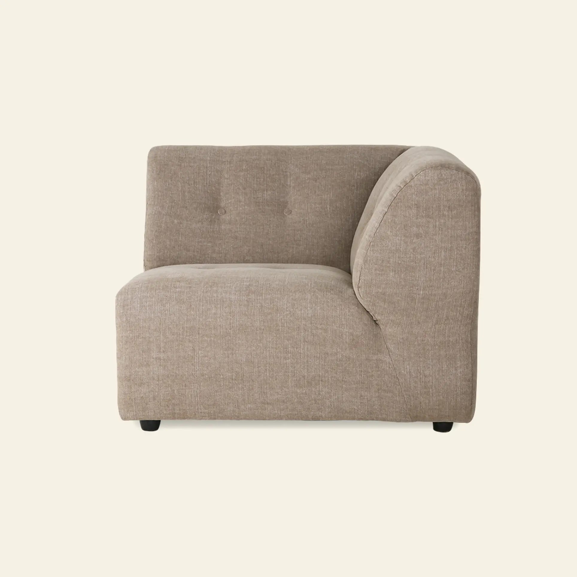 The HKliving Vint Couch, Right, by HKliving is a modern, light brown sofa with a tufted backrest and right-side armrest. Its adaptable components offer customizable seating. Shown on a plain off-white background.