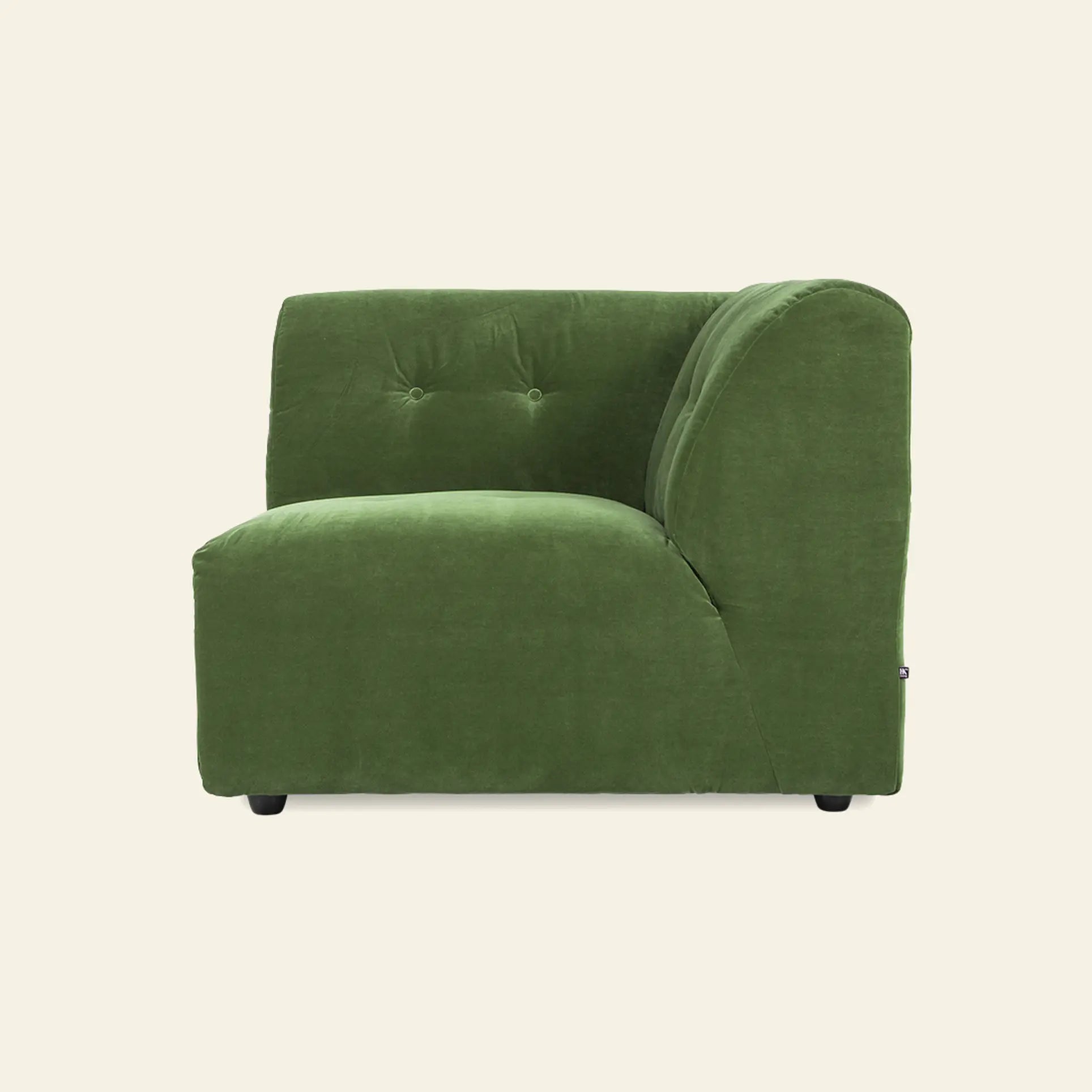 The HKliving Vint Couch, Right by HKliving is a modern, armless green velvet sofa with a tufted backrest that brings luxury to any customizable living space, shown on a plain beige background.