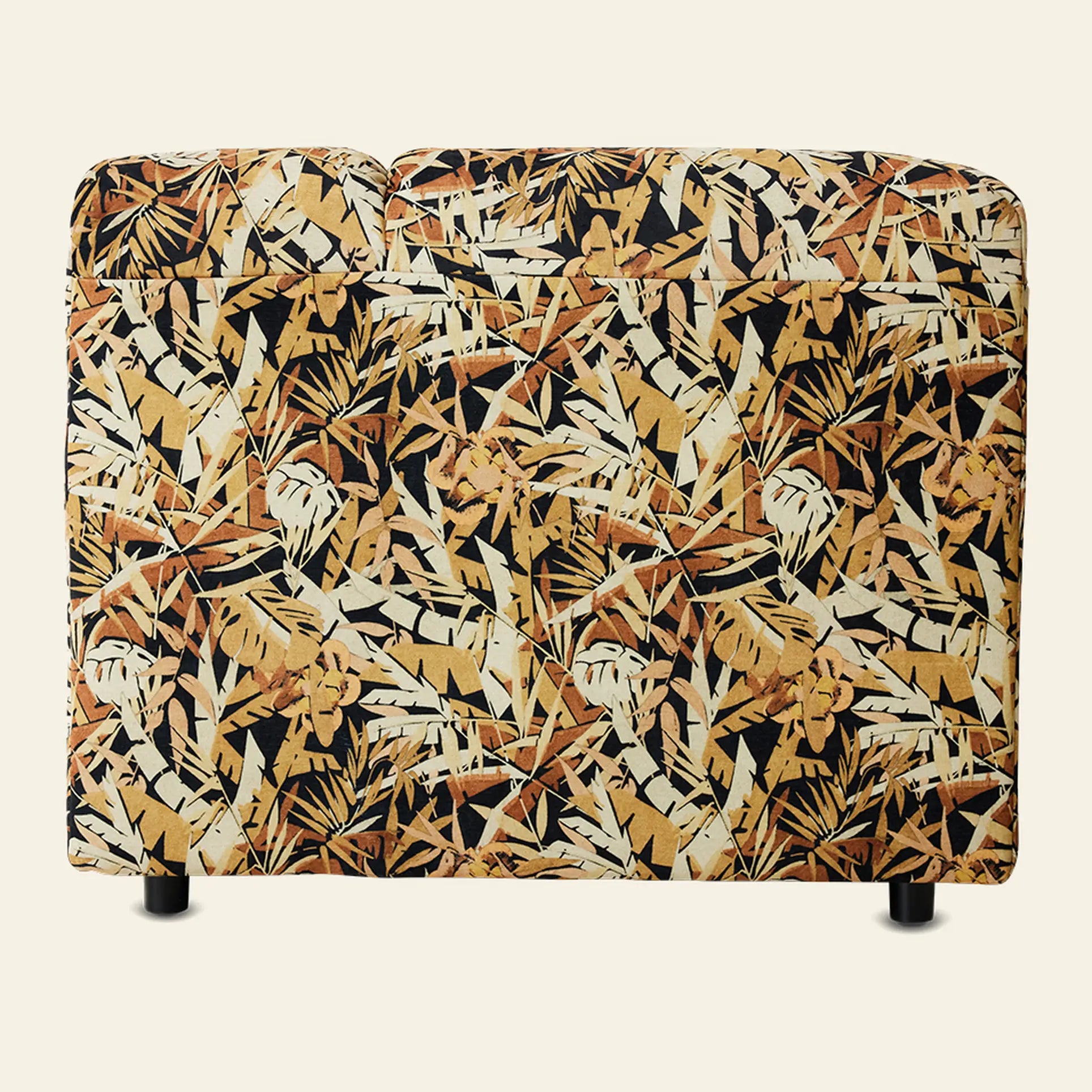 The HKliving Wave Couch, Left High Arm by HKliving features a jungle print with tropical leaves in brown, beige, black, and orange, shown from the back against a plain light background.