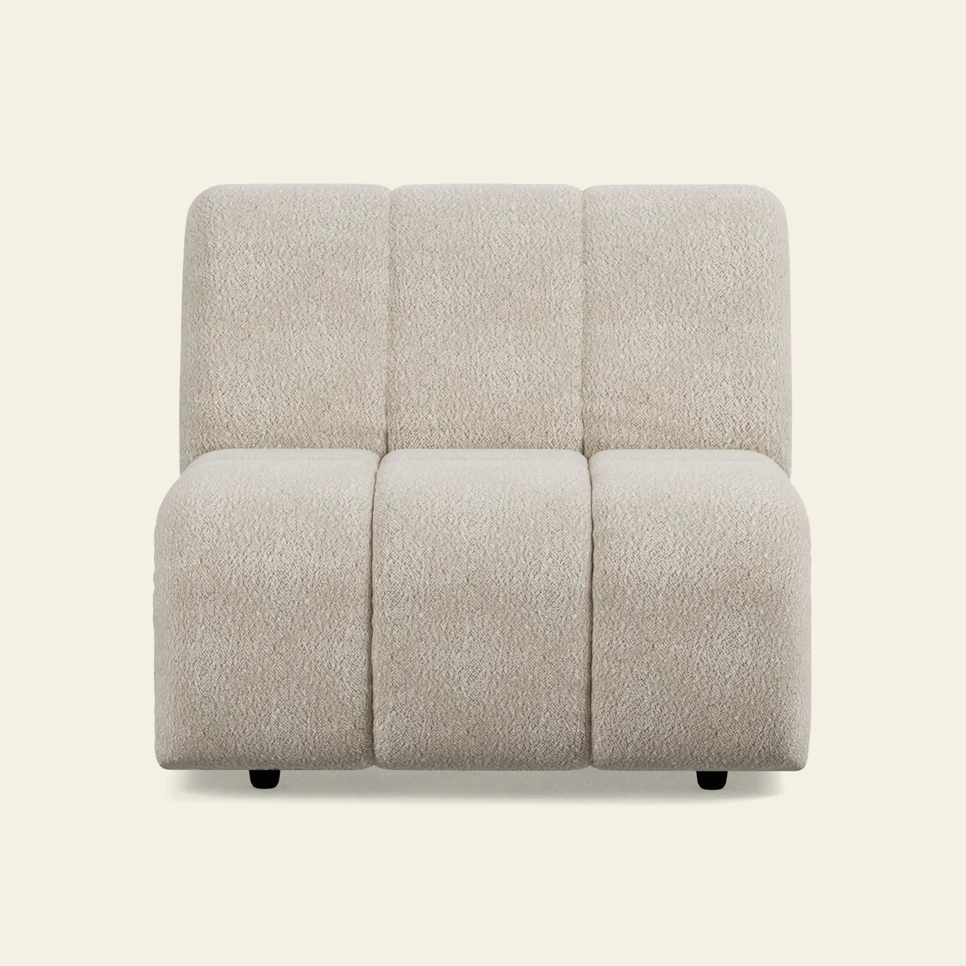Front view of the HKliving Wave Couch, Middle by HKliving—a modern armless chair in light beige textured fabric with three distinct seat and backrest sections, inspired by 1970s design, shown against a plain off-white background.