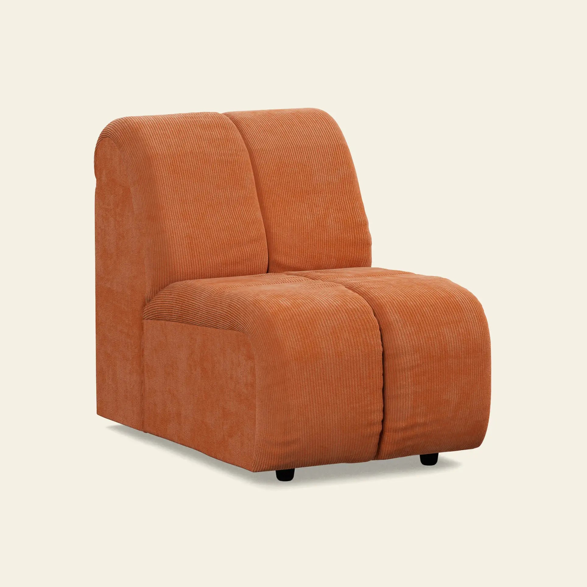 The HKliving Wave Couch, Middle Small by HKliving features a modern armless design in textured orange fabric with curved lines and soft edges, inspired by 1970s style, set against a plain light background.