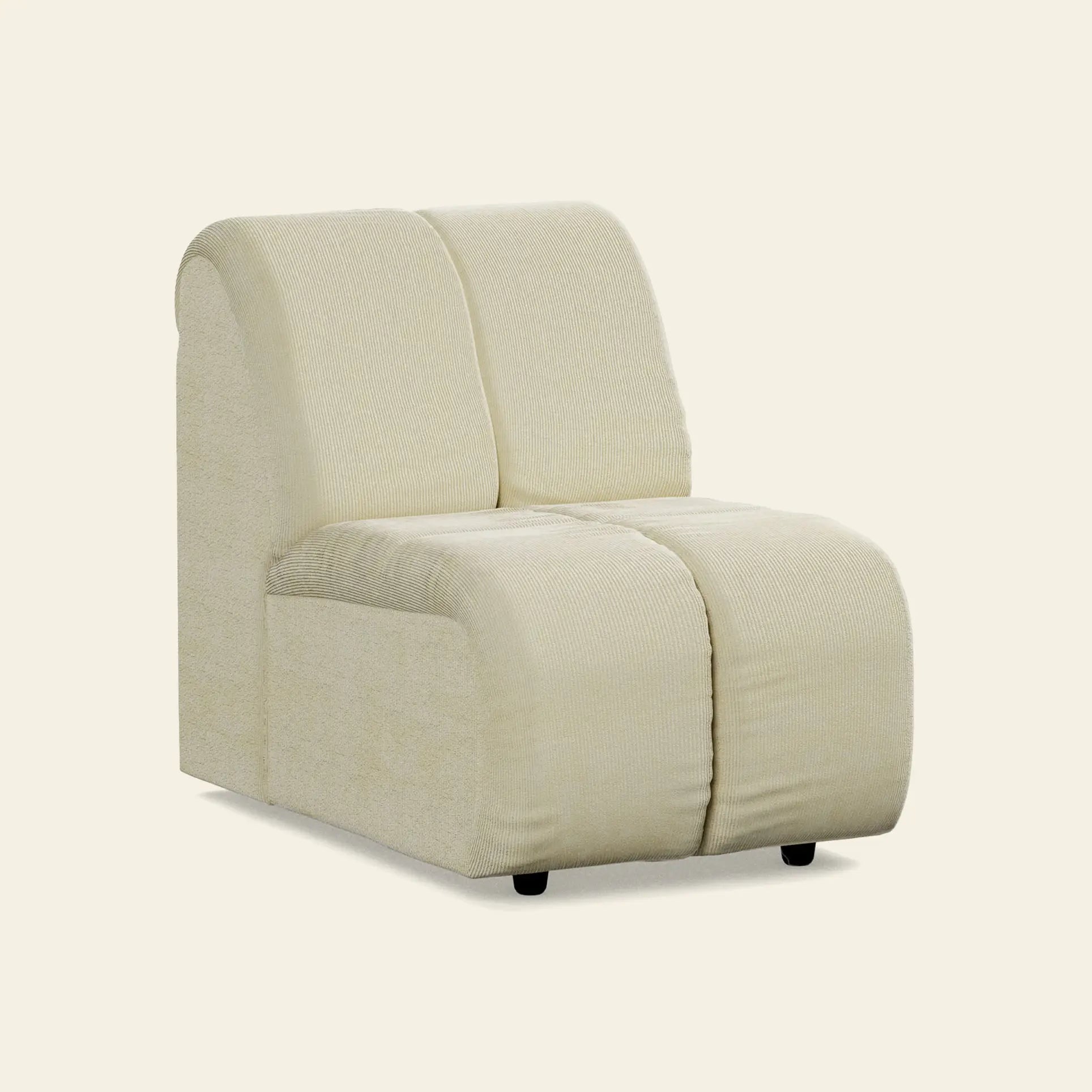 The HKliving Wave Couch, Middle Small, by HKliving is an armless chair with cream textured upholstery and a curved, minimalist design inspired by the 1970s, shown against a plain light background.