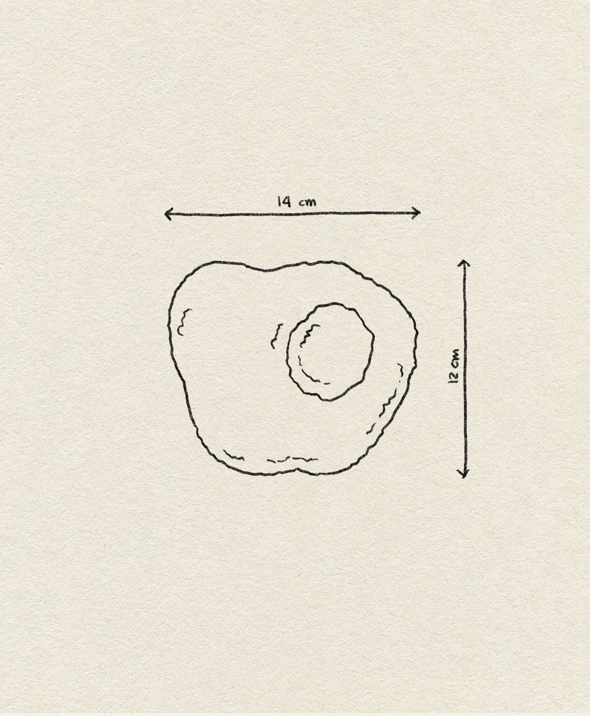 The Habichl Tufted Egg Coasters by Habichl feature a simple line drawing of their handcrafted, irregular shape with a circular indentation, measuring 14 cm wide and 12 cm tall, with arrows indicating each dimension.
