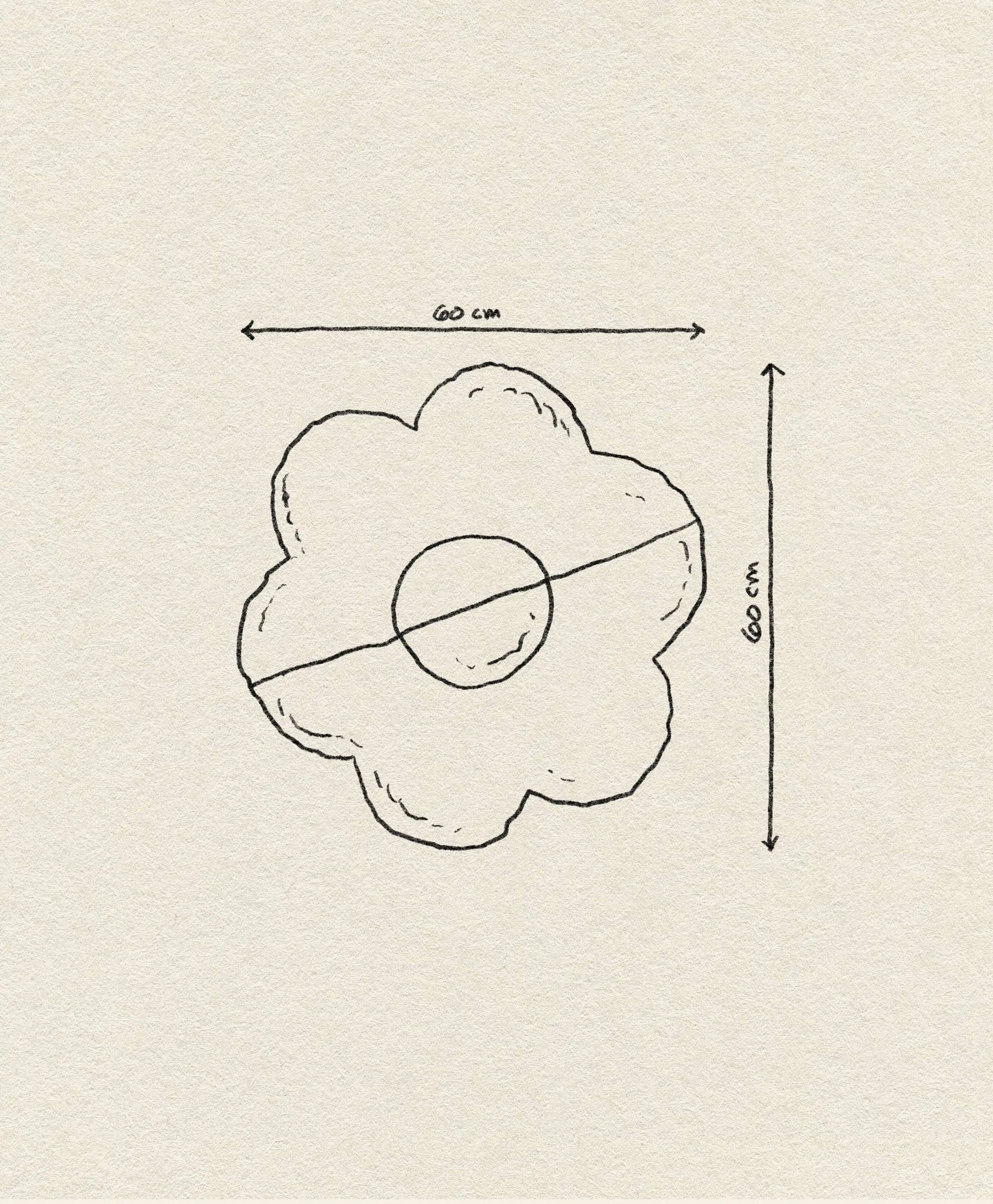 A hand-drawn diagram of the Habichl Tufted Flower Floor Rug, shaped like a flower with a center circle, shows the rug measuring 60 cm wide and 60 cm tall with labeled arrows on the top and right sides. Brand: Habichl.