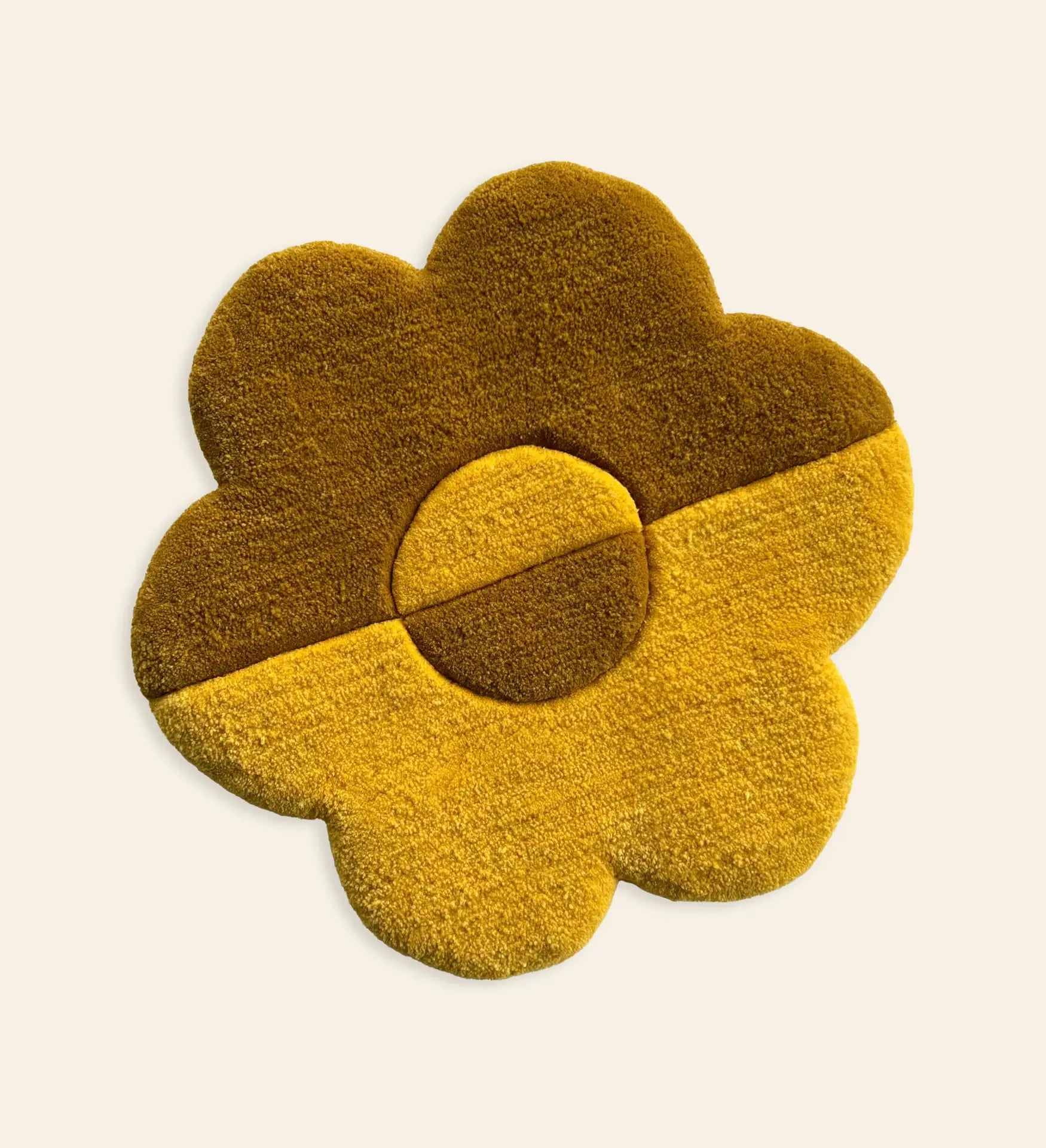 The Habichl Tufted Flower Floor Rug by Habichl features a soft, five-petal flower shape with a horizontally divided design—brown on top, yellow on the bottom—a whimsical accent for any space.