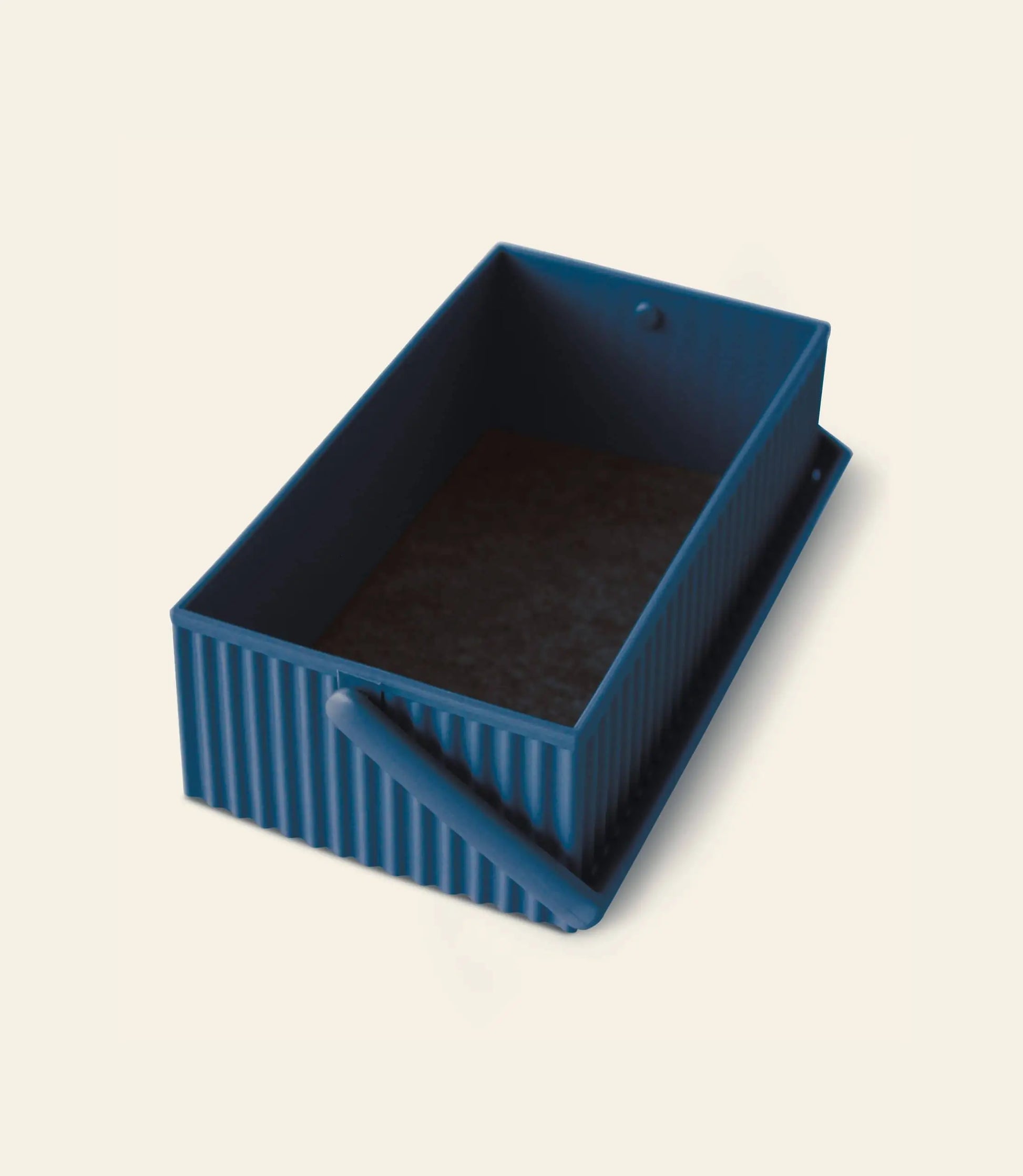 The Hachiman Omnioffre Stackable Storage Box S is a rectangular, blue, ridged container with an open hinged lid, showcasing a minimalist and modern design by Hachiman on a light background.