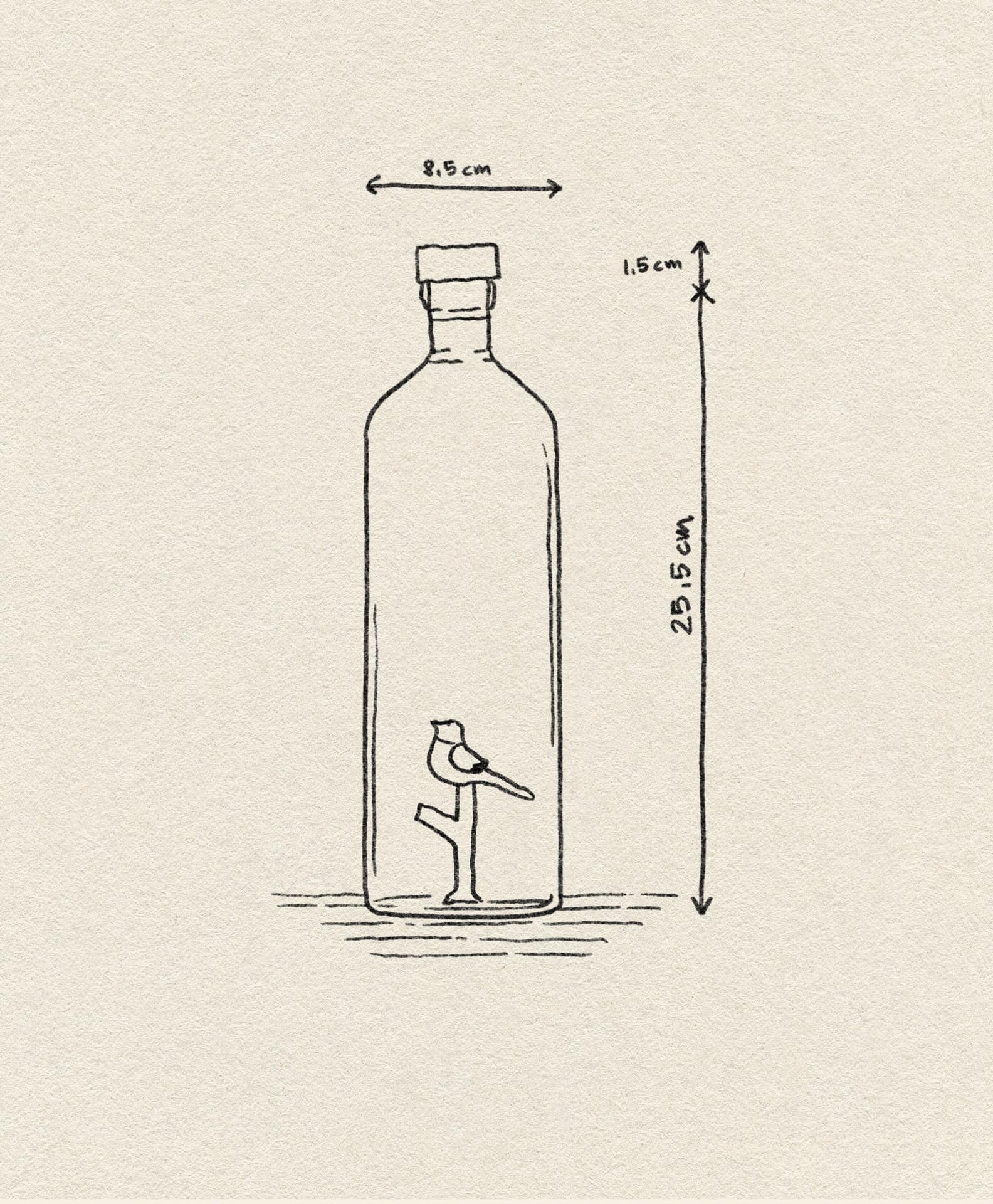 A minimalist line drawing of the Ichendorf Milano Animal Farm Bottle by Ichendorf Milano shows a small bird on one leg inside the glass, labeled 23.5 cm tall and 8.5 cm wide, set against a beige textured background.