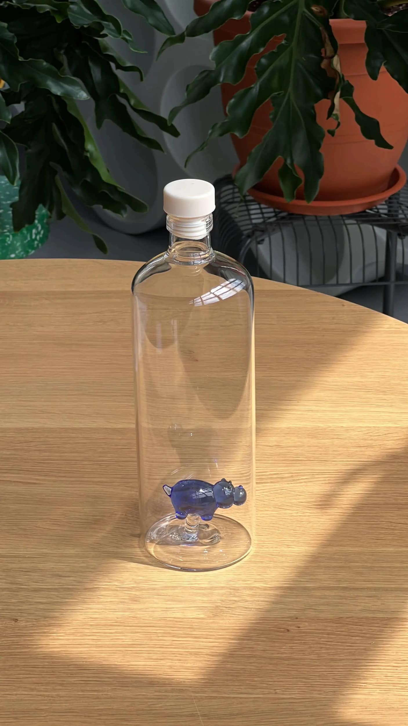 An Ichendorf Milano Animal Farm Bottle, featuring a blue glass hippopotamus inside and topped with a white cap, rests on a wooden table. Green potted plants decorate the background.