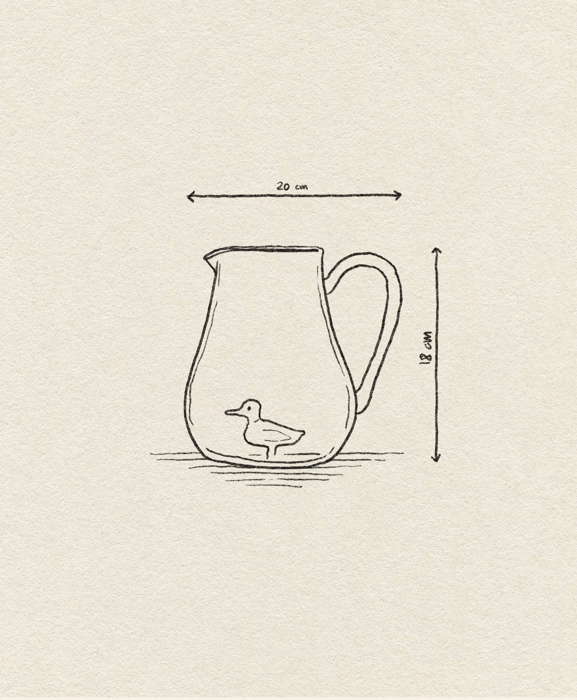 The Ichendorf Milano Animal Farm Pitcher - Duck from Stacked Store features a simple line drawing of a duck. The glassware measures 20 cm wide and 18 cm tall, as indicated by double-headed arrows with labeled measurements.