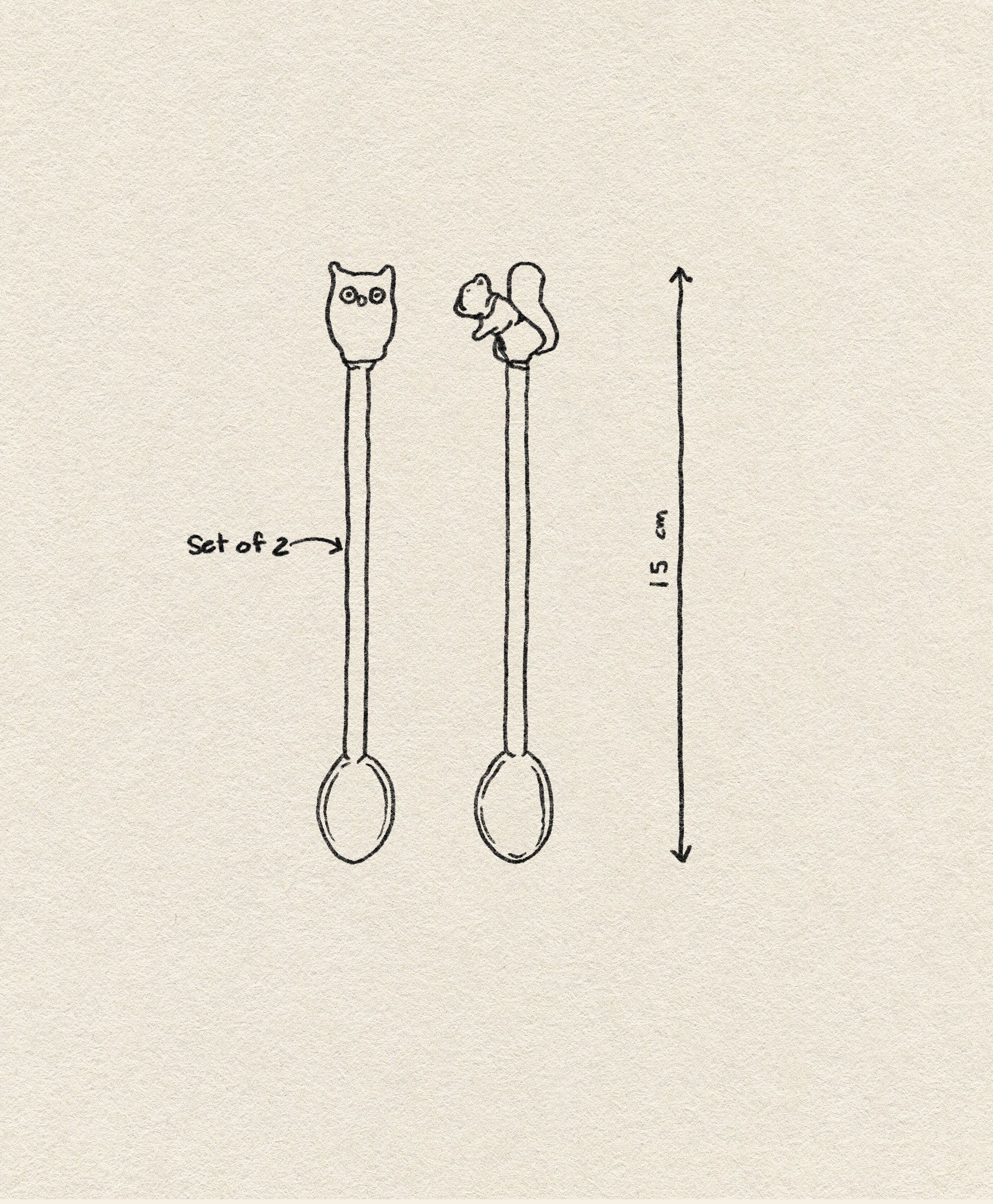The Ichendorf Milano Animal Farm Spoons, Set of 2, feature 15 cm handles adorned with charming owl and squirrel figures; a double-headed arrow highlights their height.