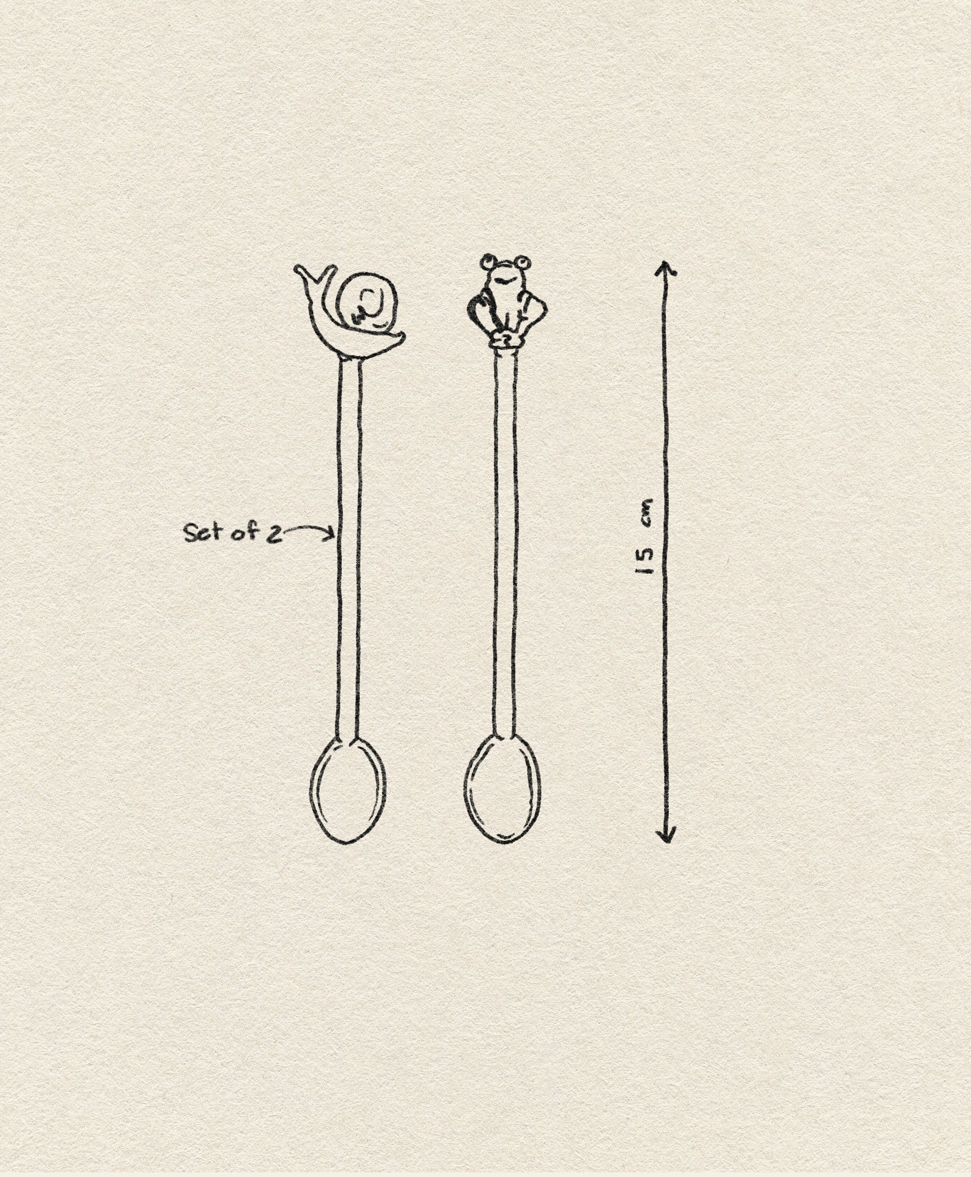 A simple sketch features the Ichendorf Milano Animal Farm Spoons, Set of 2—each 15 cm long, with one snail handle and another with playful animal figures like a frog. An arrow shows their height; “Set of 2” is noted. From Ichendorf Milano.