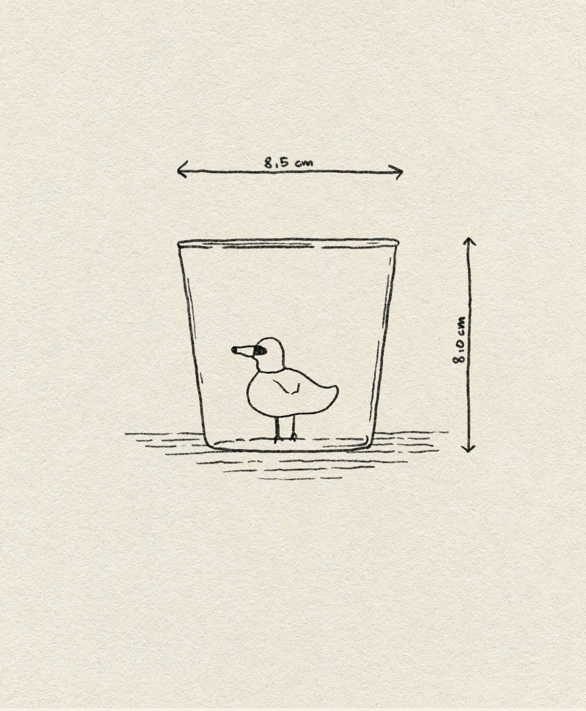 A whimsical line drawing of the Ichendorf Milano Animal Farm Tumbler, 8.5 cm wide and 8 cm tall, featuring a small duck inside. Part of the charming collection by Ichendorf Milano.