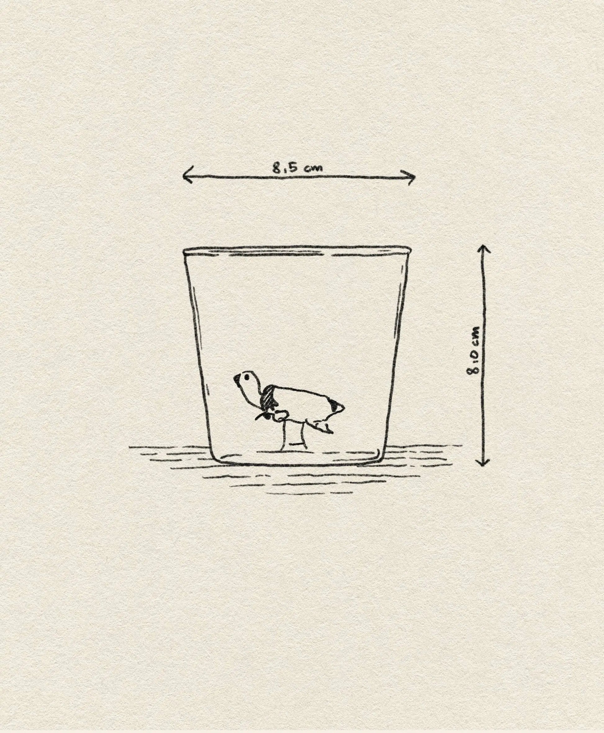 A simple sketch of the Ichendorf Milano Animal Farm Tumbler (8.5 cm wide, 8 cm tall) by Ichendorf Milano, featuring whimsical glassware with a small turtle inside, drawn on textured paper.