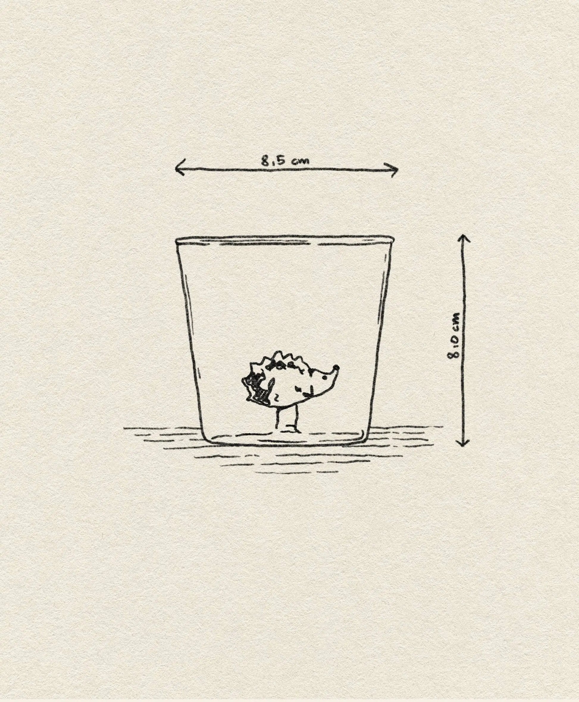 A sketch from the Ichendorf Milano Animal Farm collection depicts the Ichendorf Milano Animal Farm Tumbler: whimsical glassware featuring a seashell motif, with arrows noting its 8.5 cm width and 8.0 cm height on textured paper.