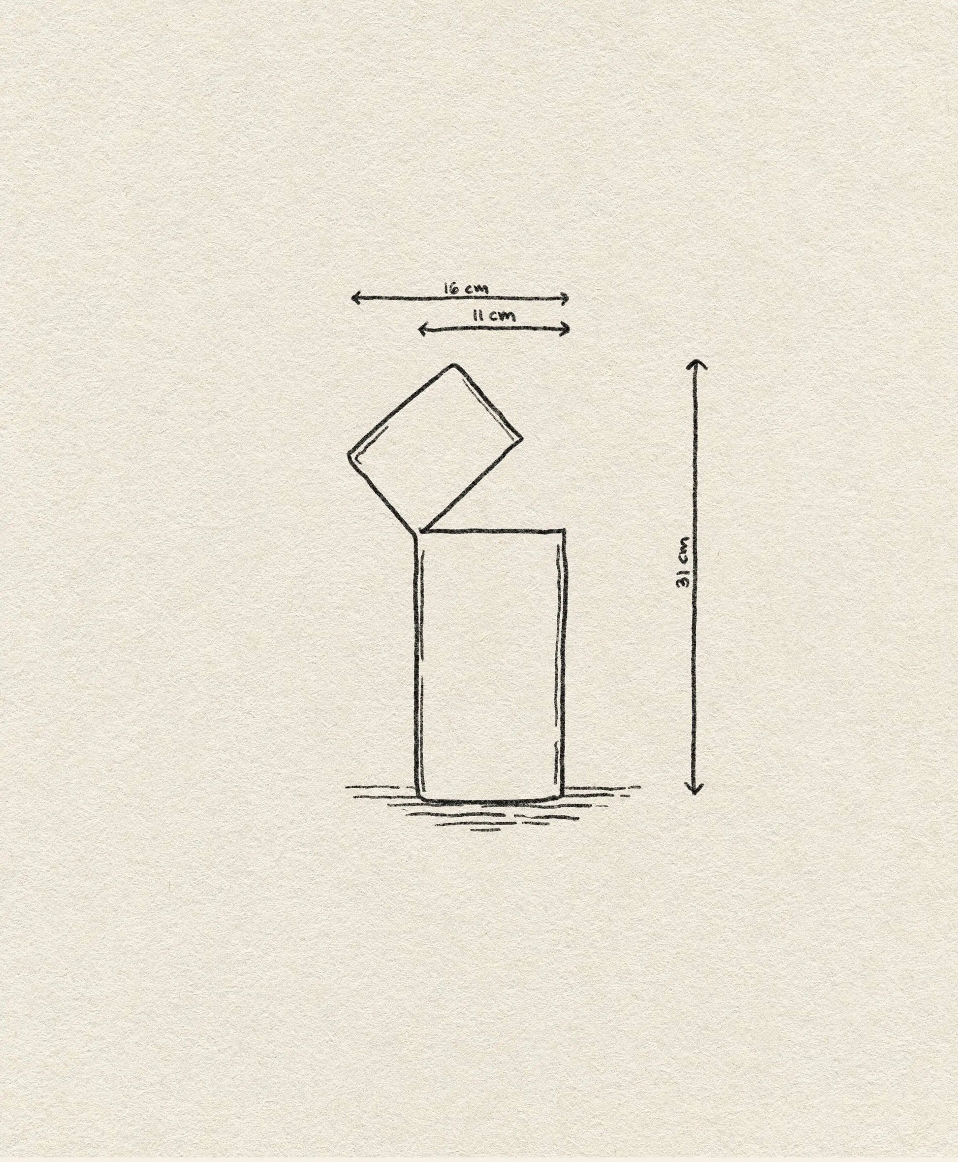 A minimalist sketch of the Ichendorf Milano Attesa Flower Vase, Medium by Ichendorf Milano shows a handcrafted design with a height of 21 cm, lid width of 11 cm, and open width of 16 cm on a textured background.