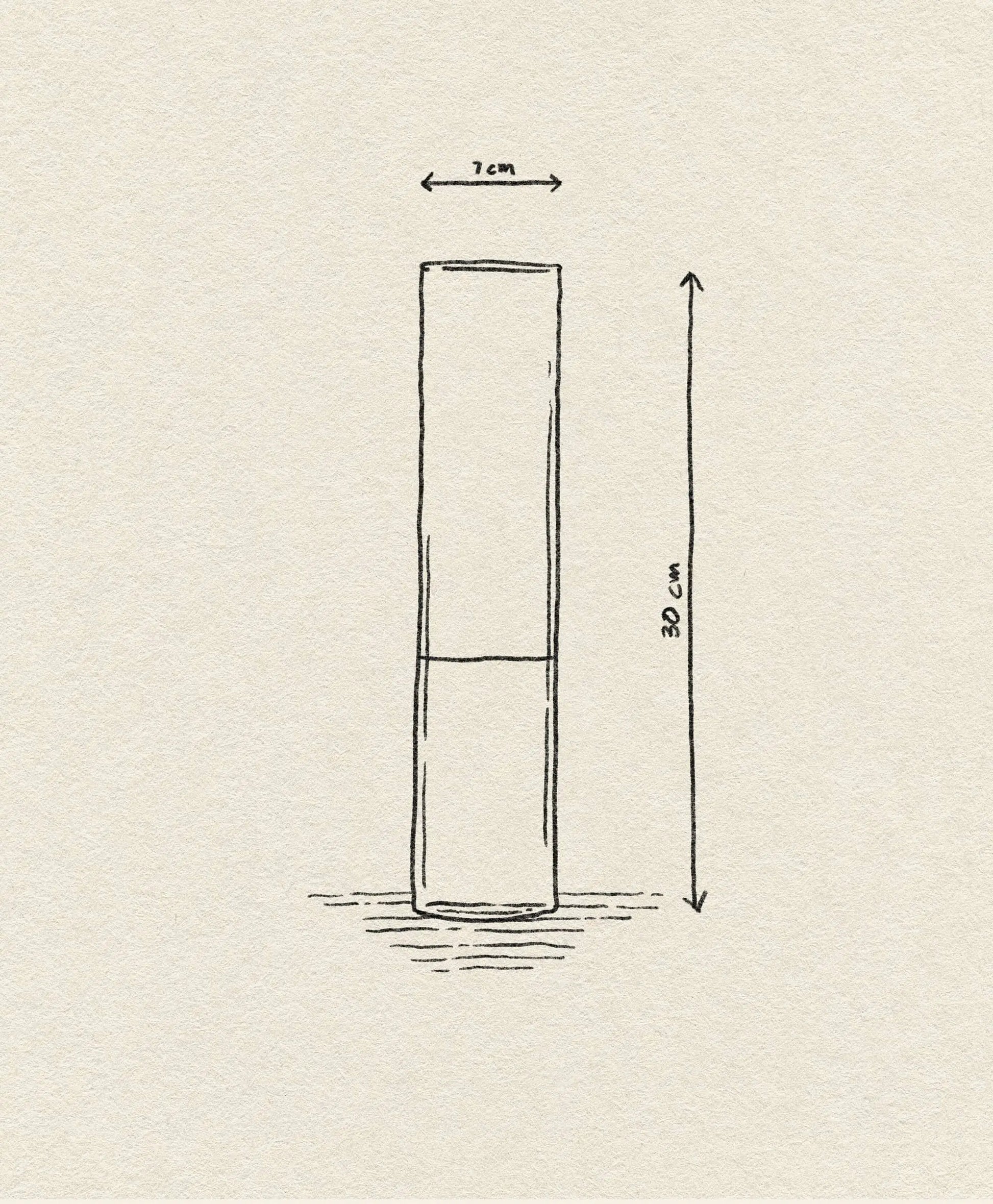 A hand-drawn sketch of the Ichendorf Milano Bamboo Groove Vase 30cm by Ichendorf Milano, showing its tall, thin grooved glass design with labeled arrows for 30 cm height and 7 cm diameter on a textured background.