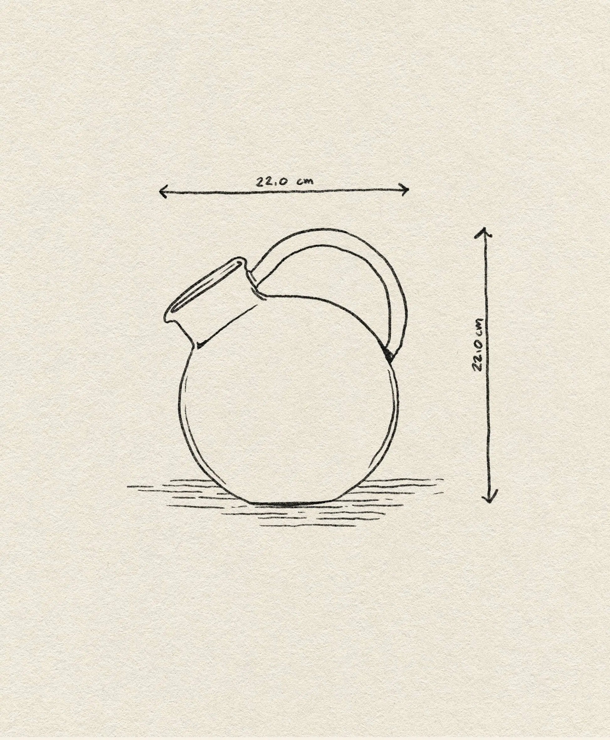 A simple line drawing of the Ichendorf Milano Bouquet Round Jug by Ichendorf Milano, with horizontal and vertical arrows showing its 22.0 cm width and height, displayed on a textured beige background.