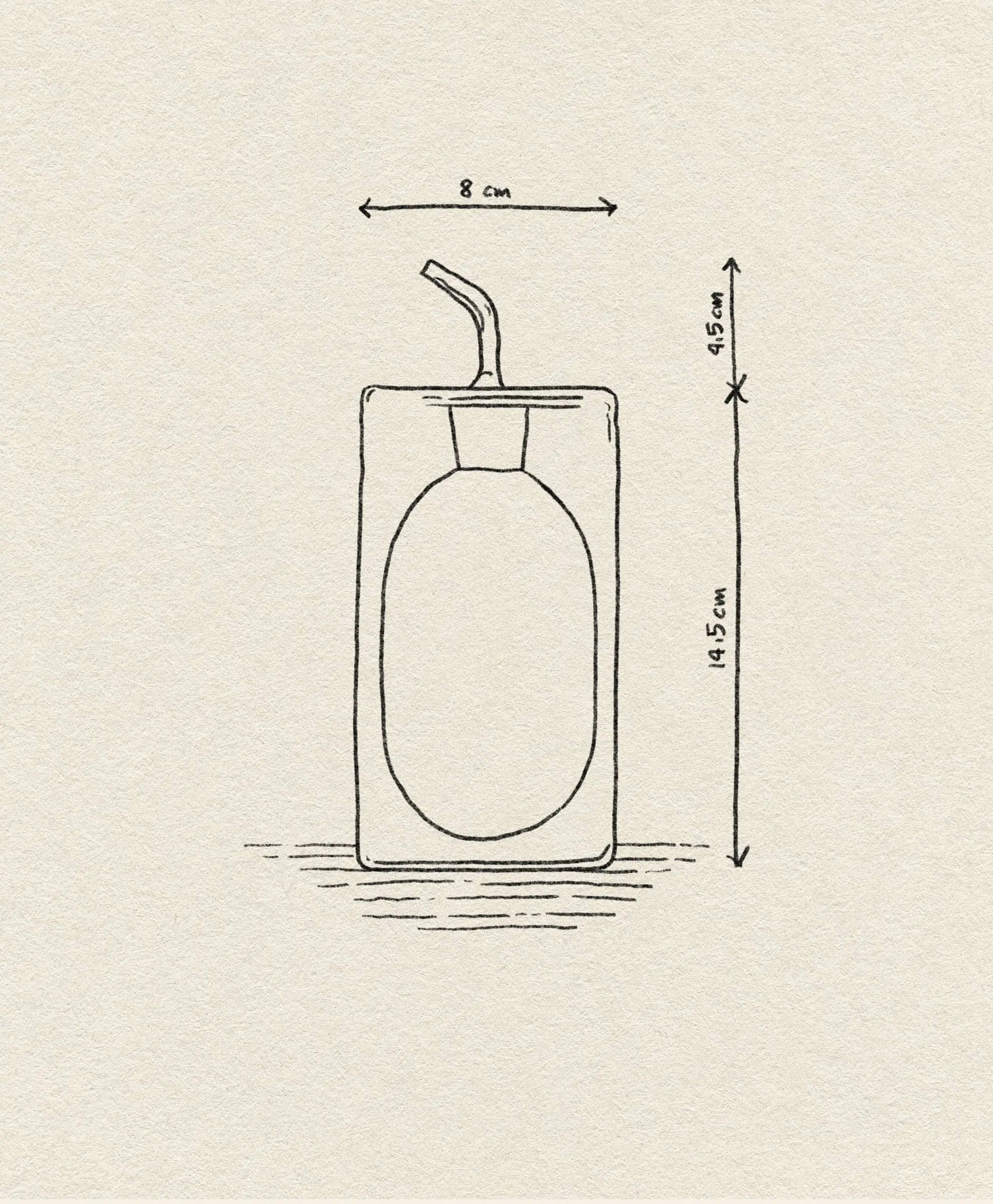 A hand-drawn sketch of the Ichendorf Milano Cilindro Oil Bottle shows a stylish rectangular bottle with a pump (8 cm wide, 18.5 cm tall, 4.5 cm pump), featuring an oval front label—a chic addition to any kitchen by Ichendorf Milano.