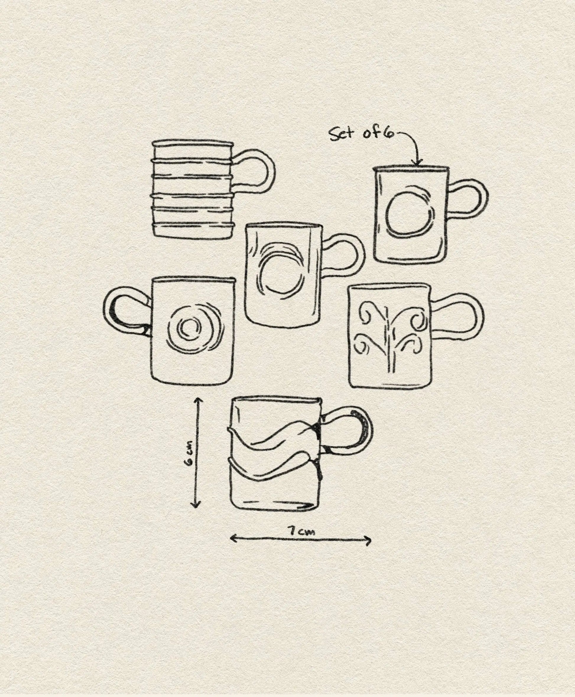 A black-and-white sketch displays the Ichendorf Milano Deco Coffee Cups, Set of 6, each with a unique pattern. One cup is labeled 7 cm wide and 8 cm tall. “Set of 6” is hand-written on textured beige paper. Brand: Ichendorf Milano.