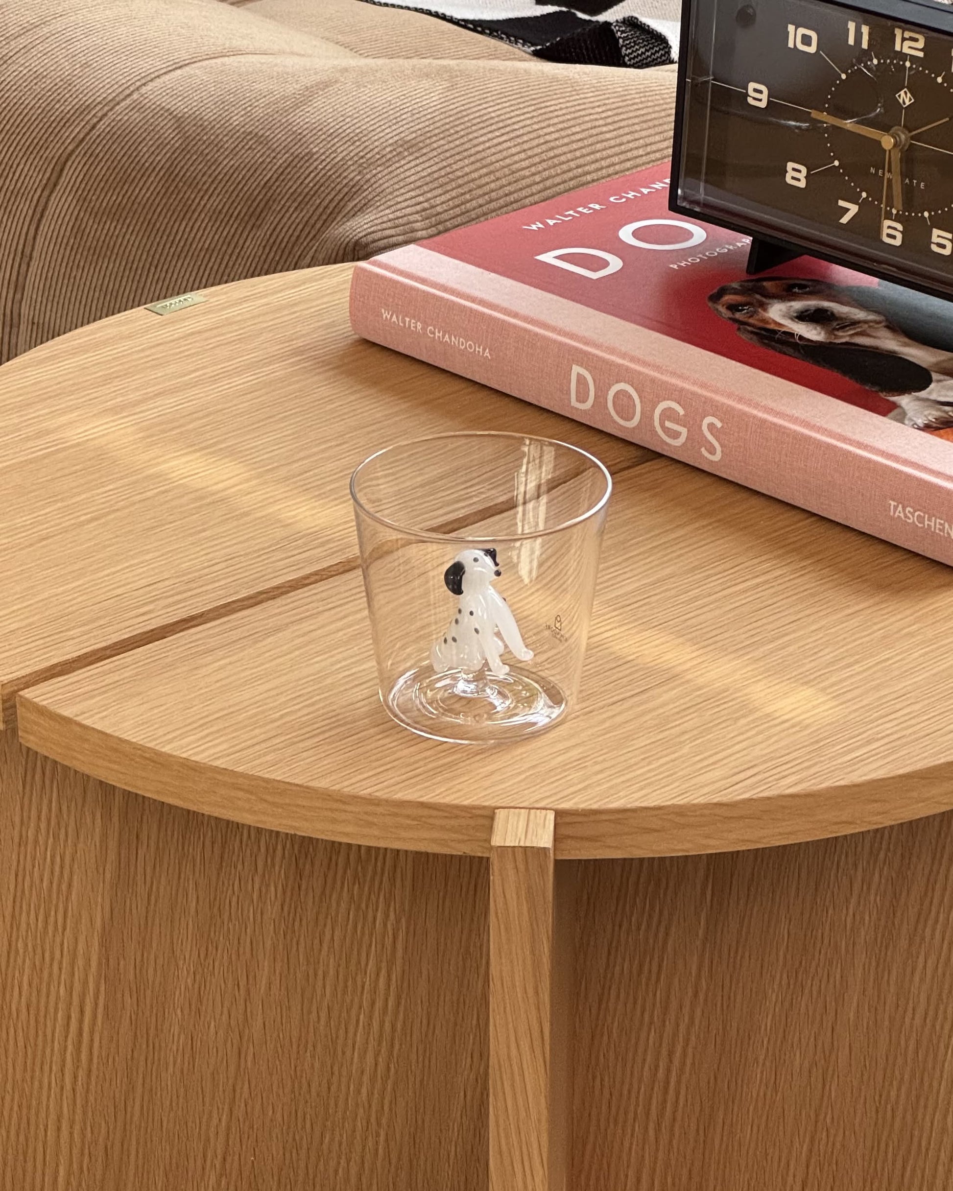 The Ichendorf Milano Dogs Tumbler - Dalmatian by Ichendorf Milano rests on a light wooden table beside a large DOGS book with a dog cover photo and a black clock.