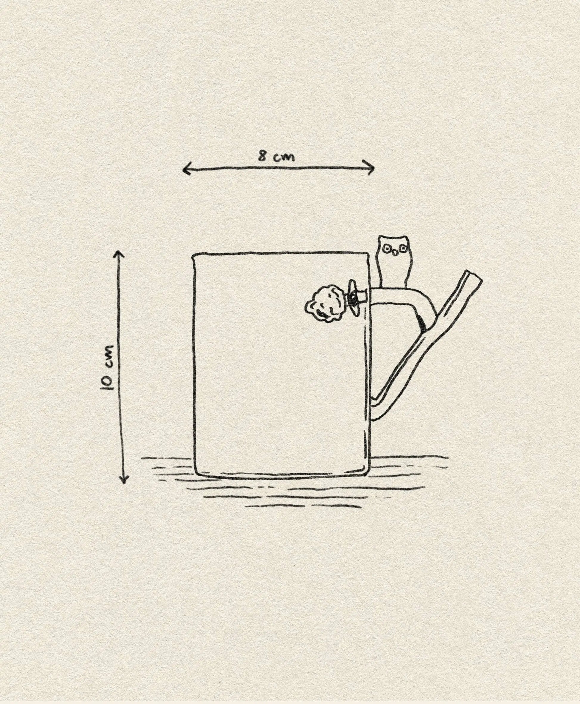 A hand-drawn illustration of the Ichendorf Milano Fruits and Flower Mug (10 cm tall, 8 cm wide) by Ichendorf Milano, featuring a branch-shaped handle with a small owl perched on top and a charming knot detail near the mug.